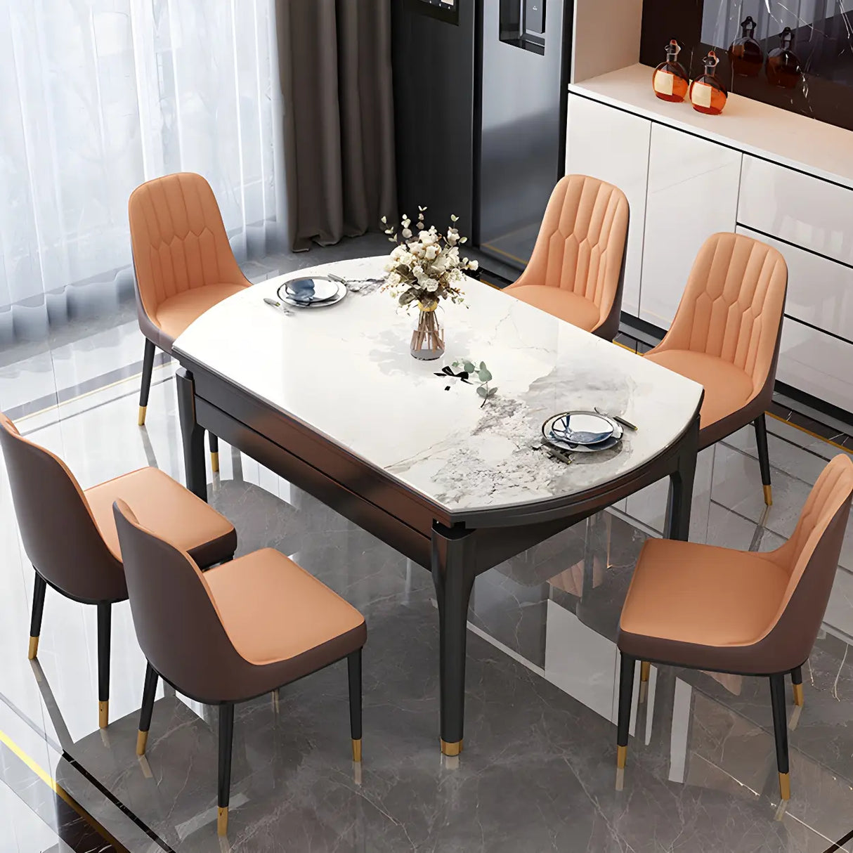 Modern Oval Stone Dining Table Black Legs White Drop Leaf Image - 1