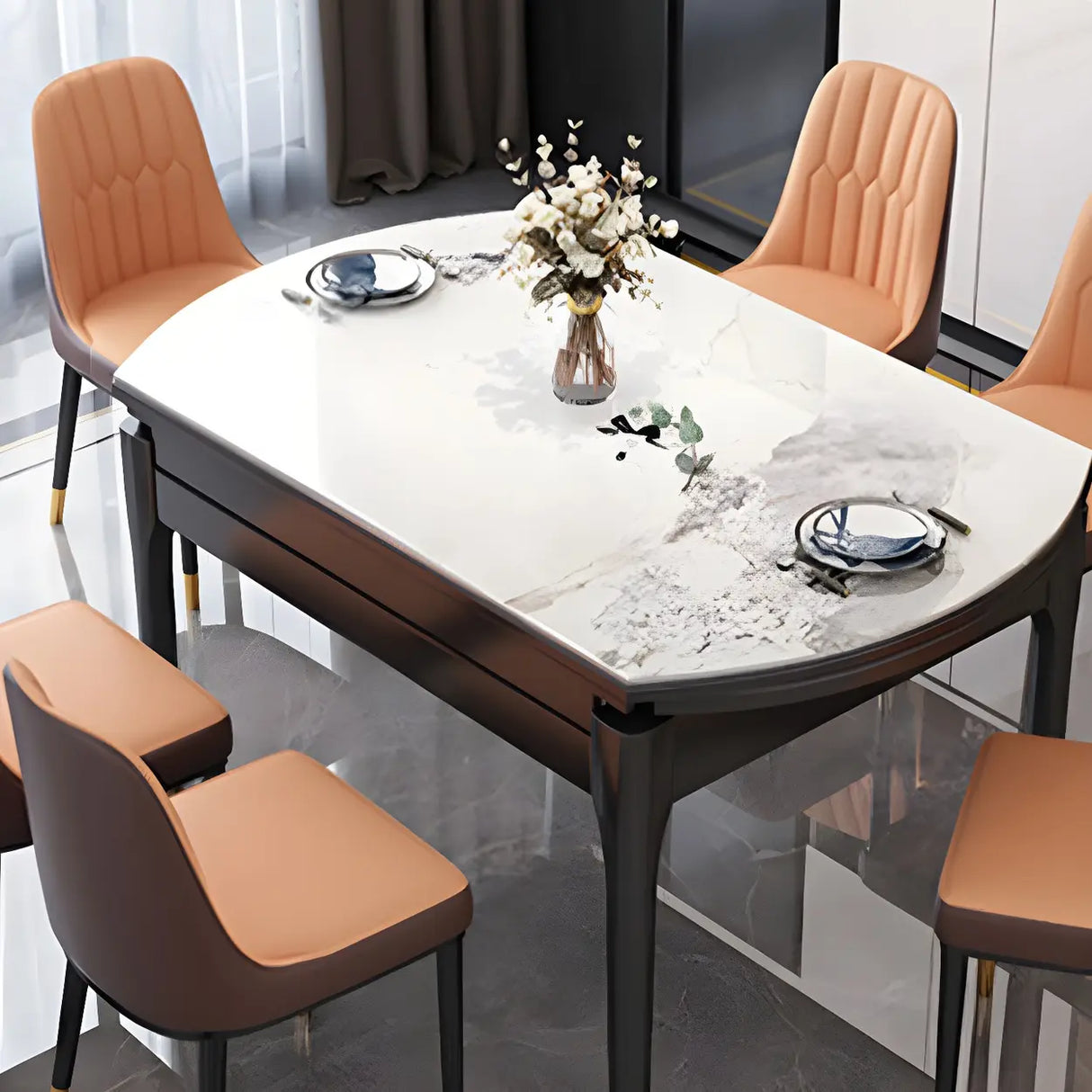 Modern Oval Stone Dining Table Black Legs White Drop Leaf Image - 4