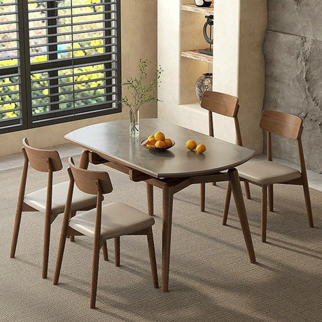 Modern Oval Stone Top Extendable Dining Table Wooden Legs Image - 1