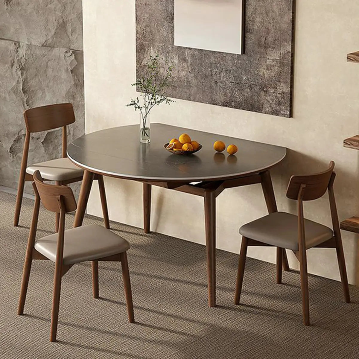 Modern Oval Stone Top Extendable Dining Table Wooden Legs Image - 4