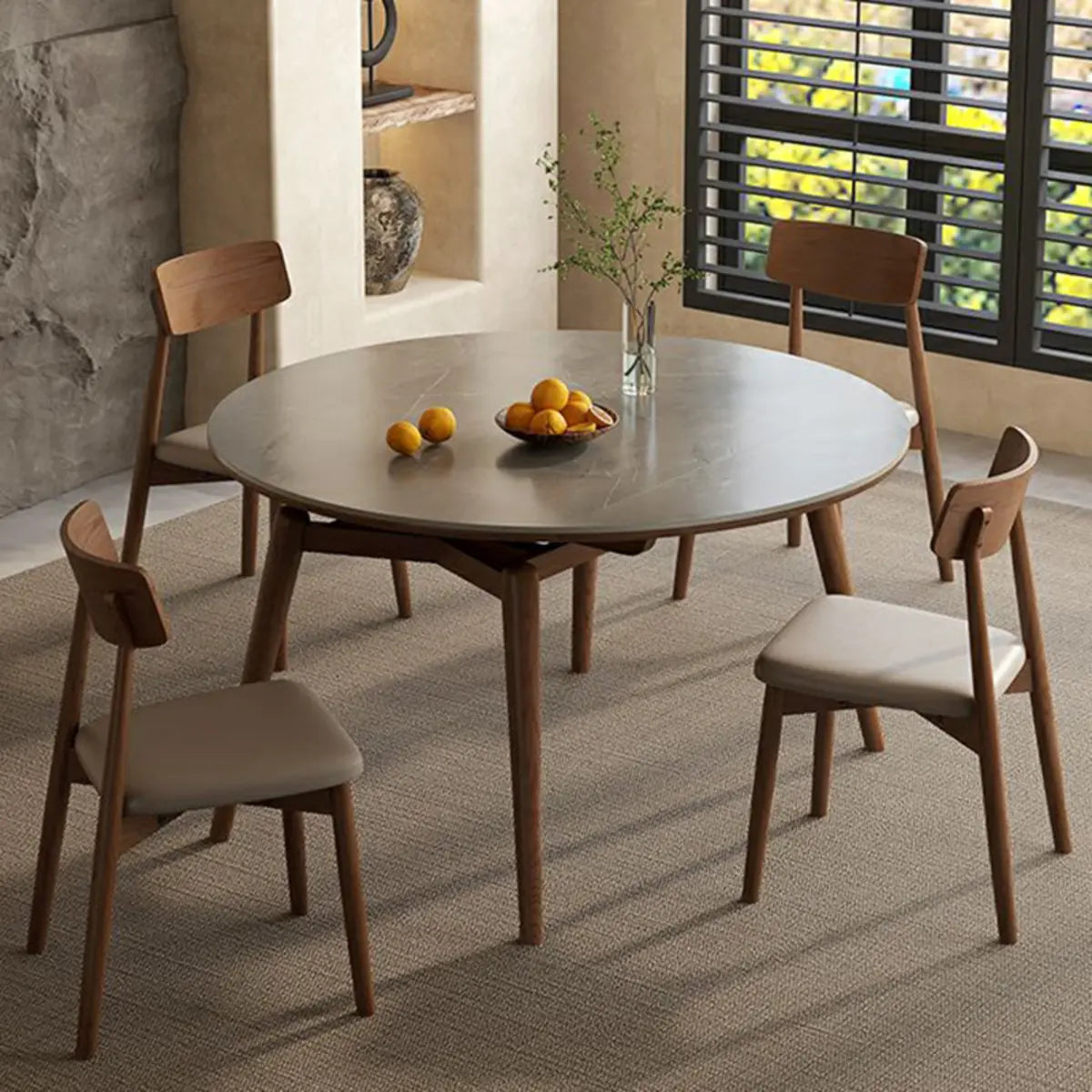 Modern Oval Stone Top Extendable Dining Table Wooden Legs Image - 5