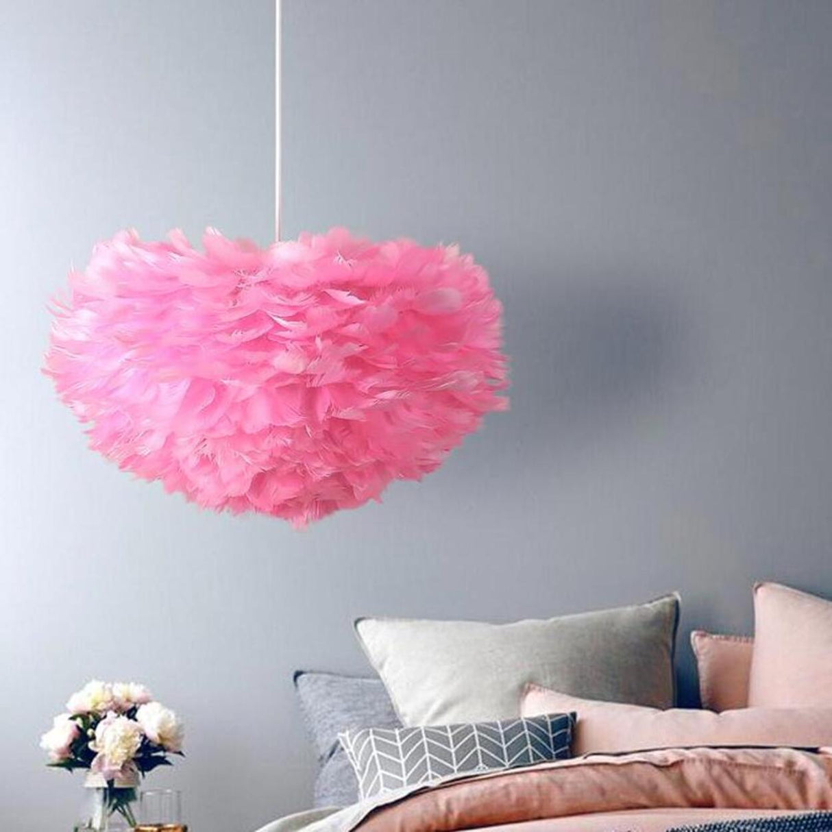 Modern Pink Feather Fluffy Round Bedroom Pendant Light Image - 1