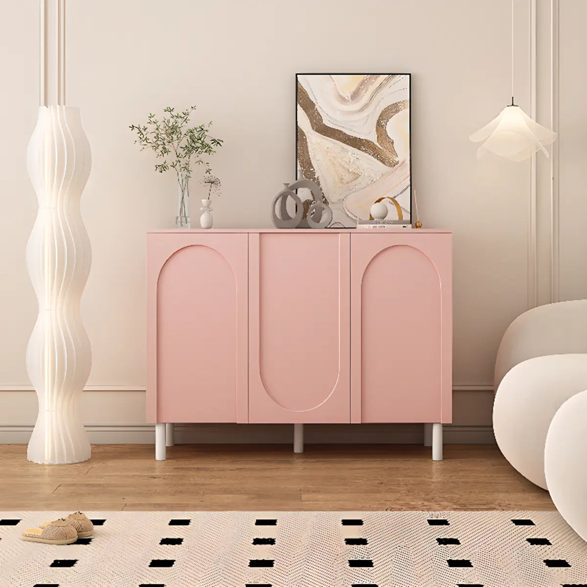 Modern Pink Wood Floor Shoe Cabinet 3-Door Storage Unit Image - 1