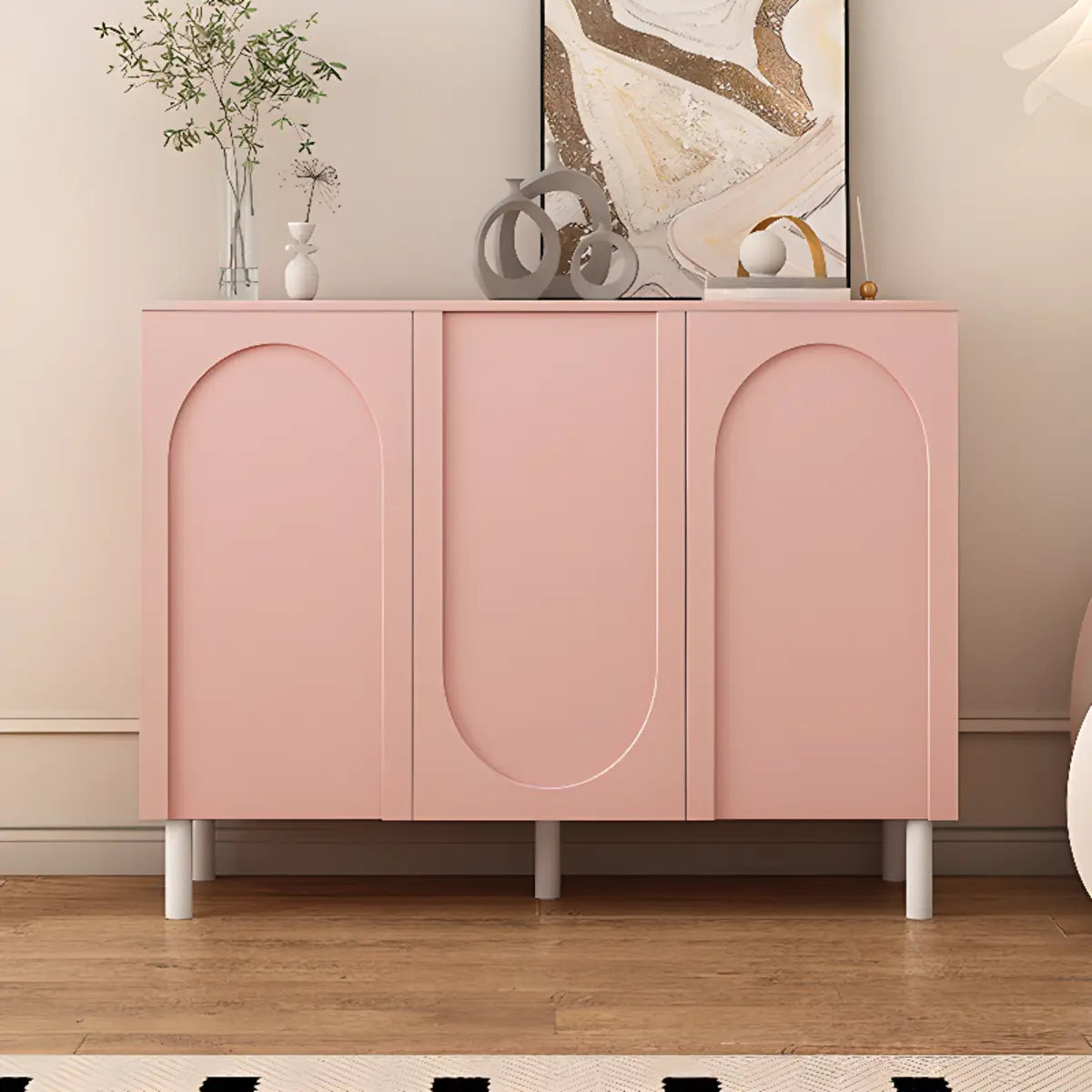 Modern Pink Wood Floor Shoe Cabinet 3-Door Storage Unit Image - 13