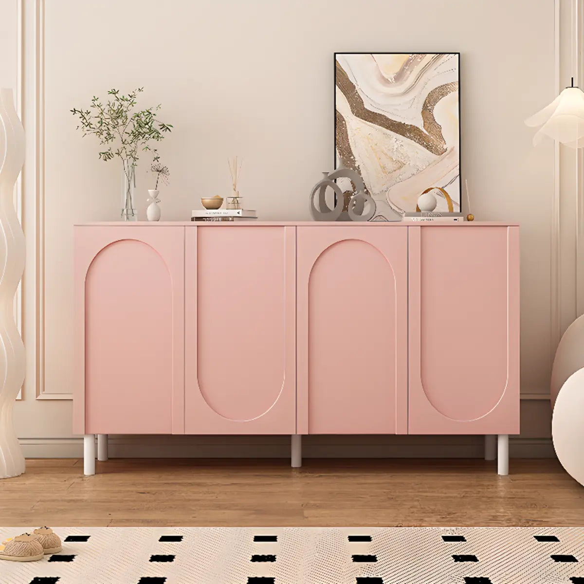 Modern Pink Wood Floor Shoe Cabinet 3-Door Storage Unit Image - 8