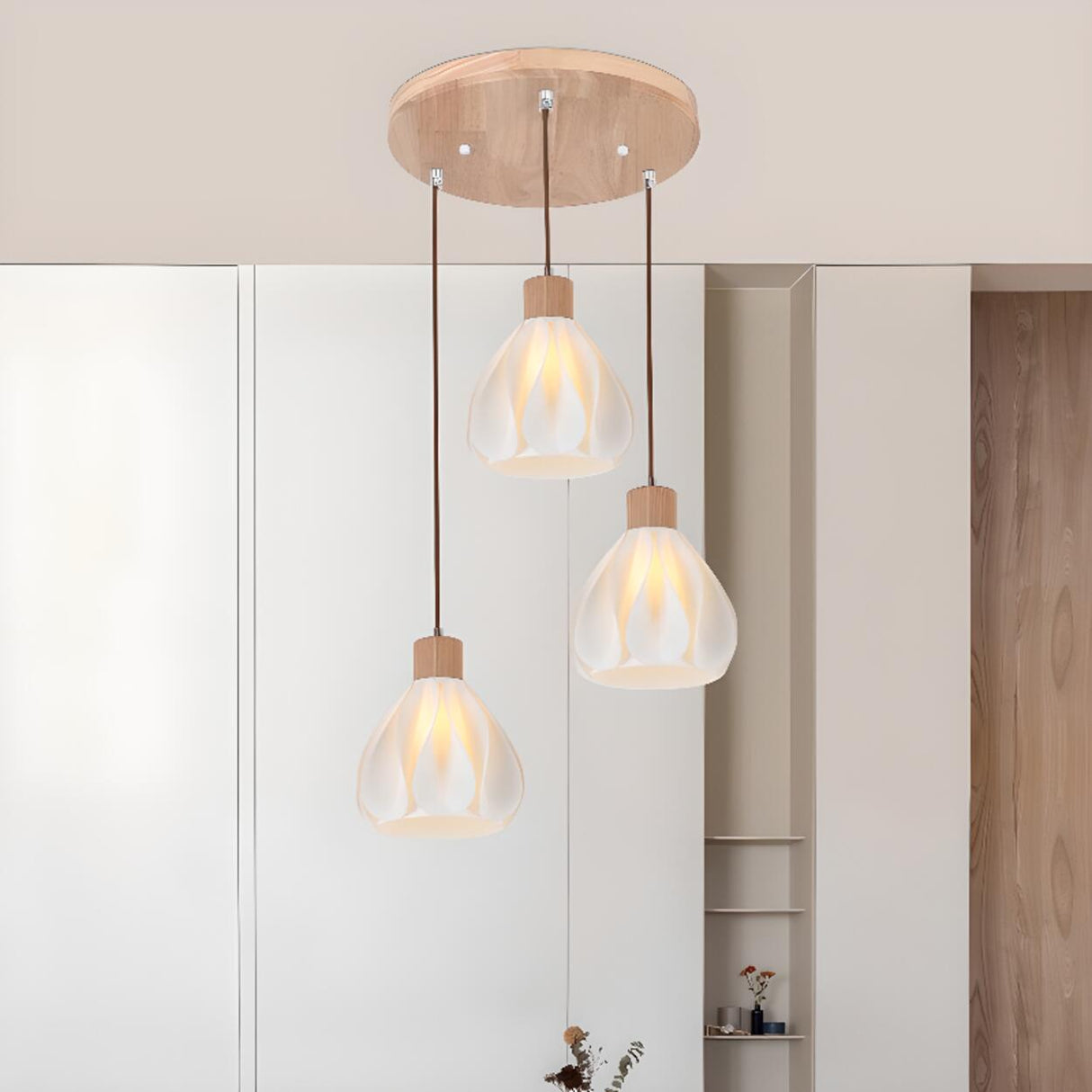 Modern Plastic Wood and White Floral Pendant Light  Image - 4