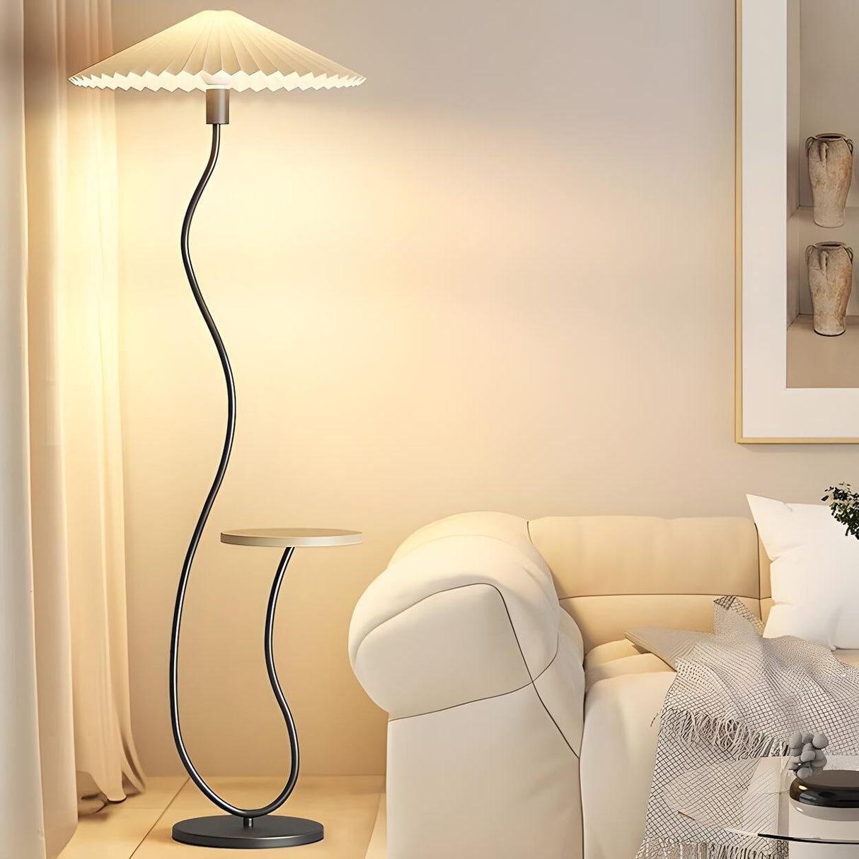 Modern Pleated and Curved Floor Lamp with Side Table Image - 2