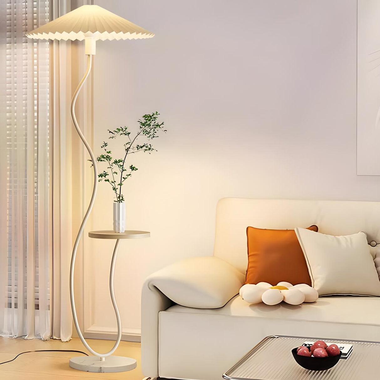 Modern Pleated and Curved Floor Lamp with Side Table Image - 3