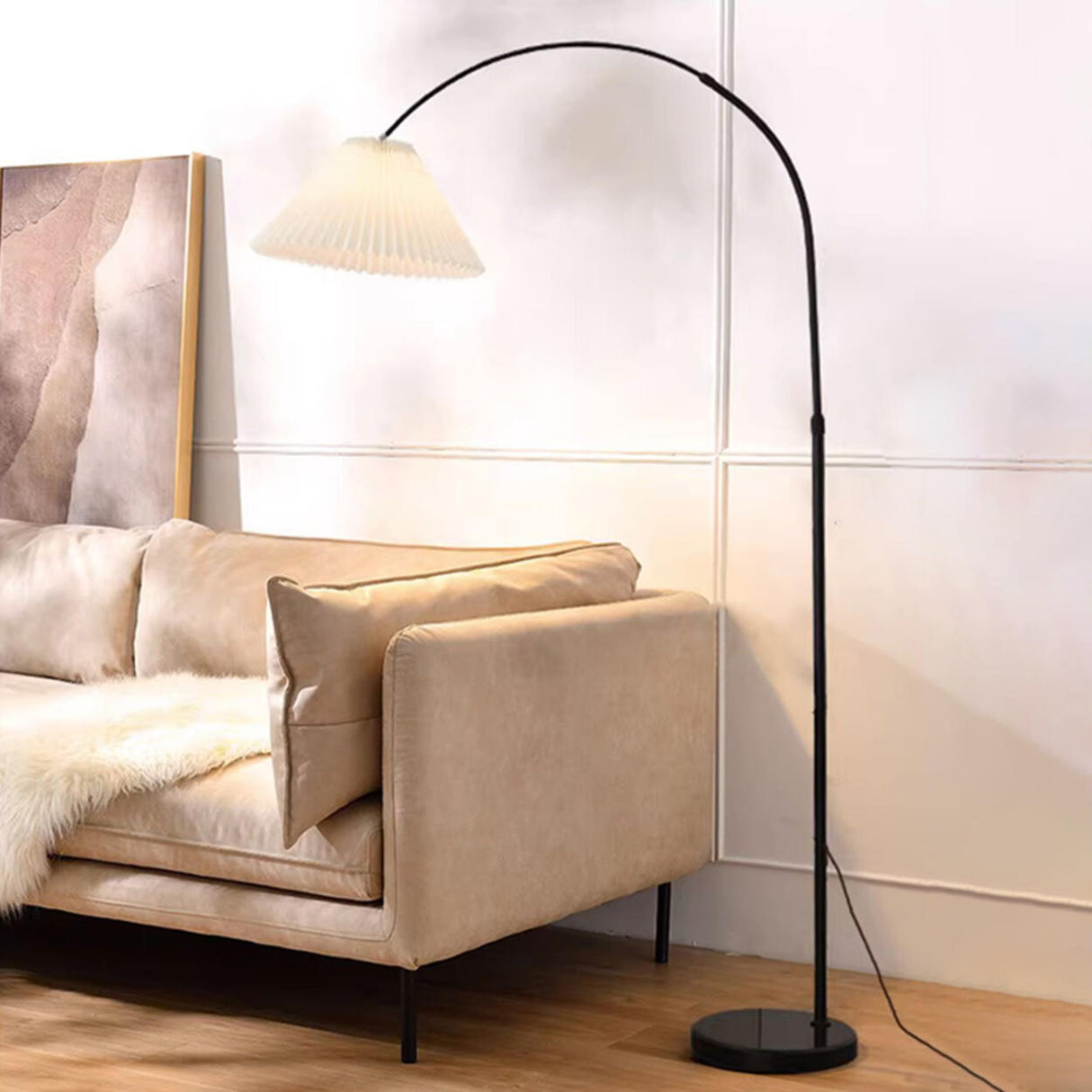 Modern Pleated Black Arc Adjustable Floor Lamp Image - 6