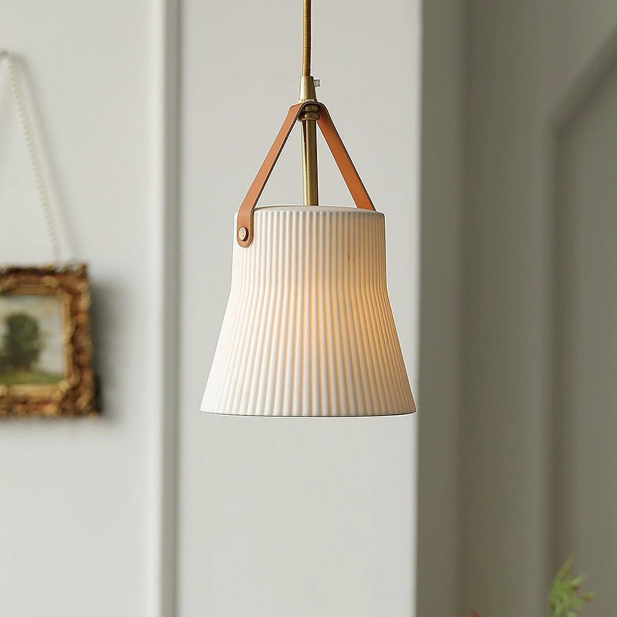 Modern Pleated Ceramic Pendant Light Leather Strap Image - 1