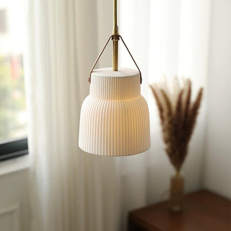 Modern Pleated Ceramic Pendant Light Leather Strap Image - 2