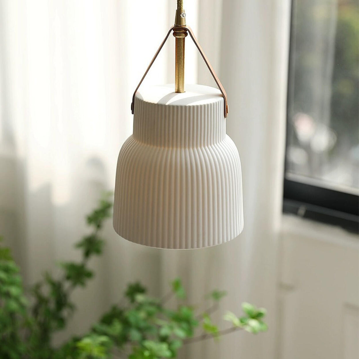 Modern Pleated Ceramic Pendant Light Leather Strap Image - 3