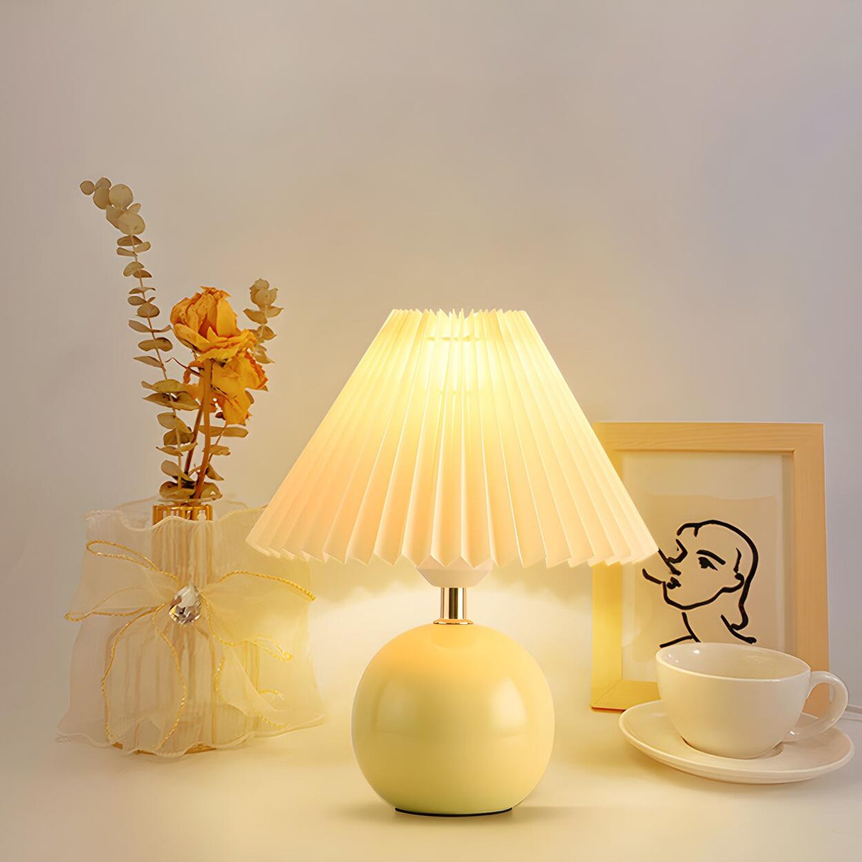 Modern Pleated Cone Shade White Ball Ceramic Table Lamp Image - 17