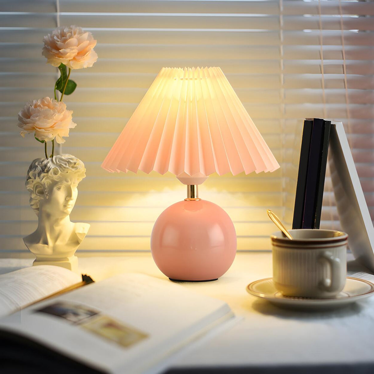 Modern Pleated Cone Shade White Ball Ceramic Table Lamp Image - 6