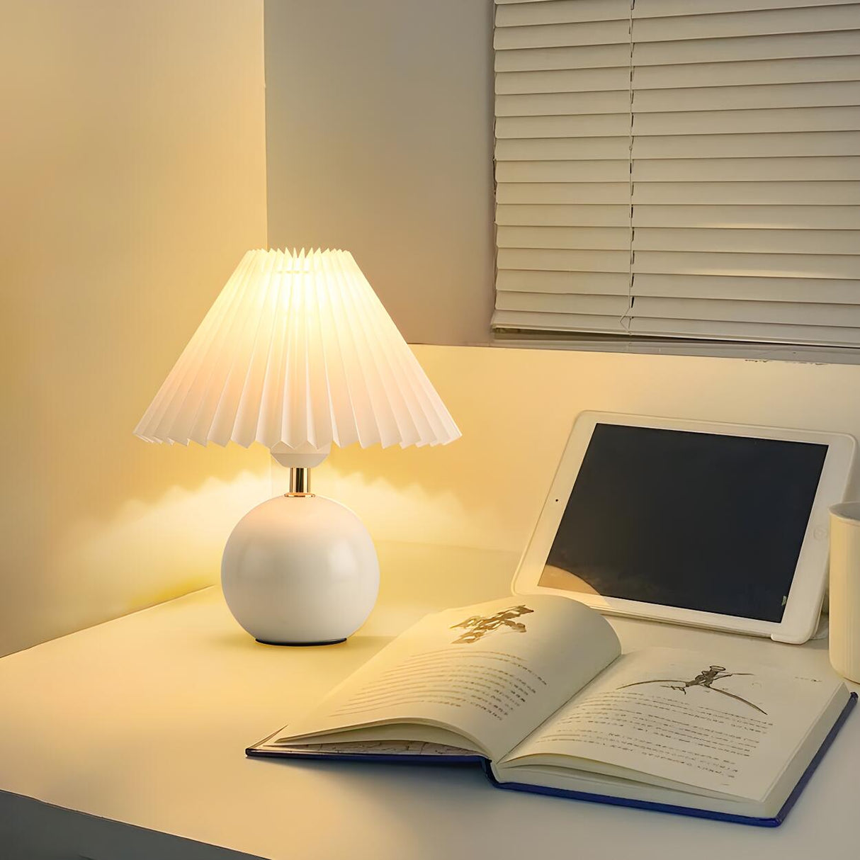 Modern Pleated Cone Shade White Ball Ceramic Table Lamp Image - 7