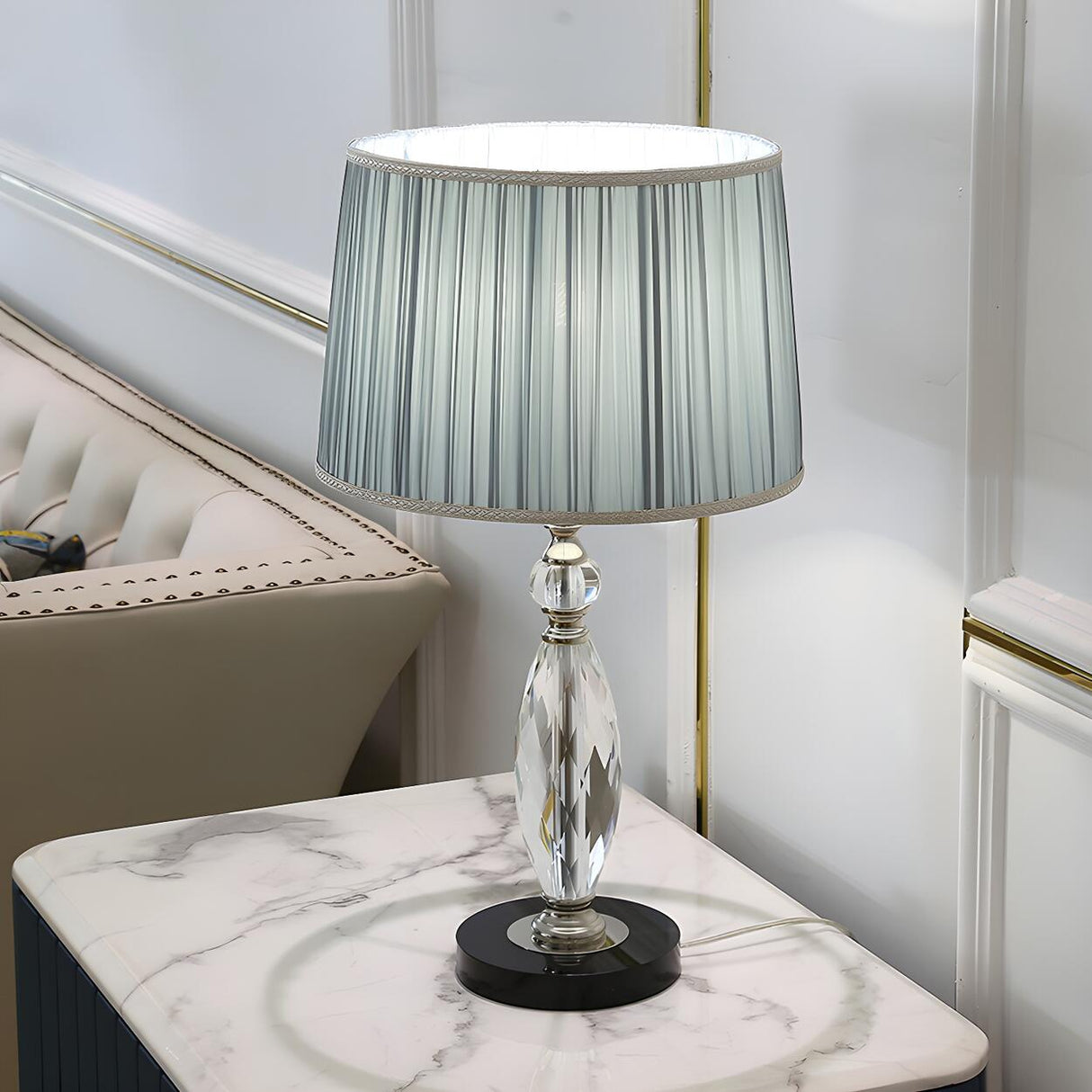 Modern Pleated Fabric Square Shade Crystal Table Lamp Image - 1