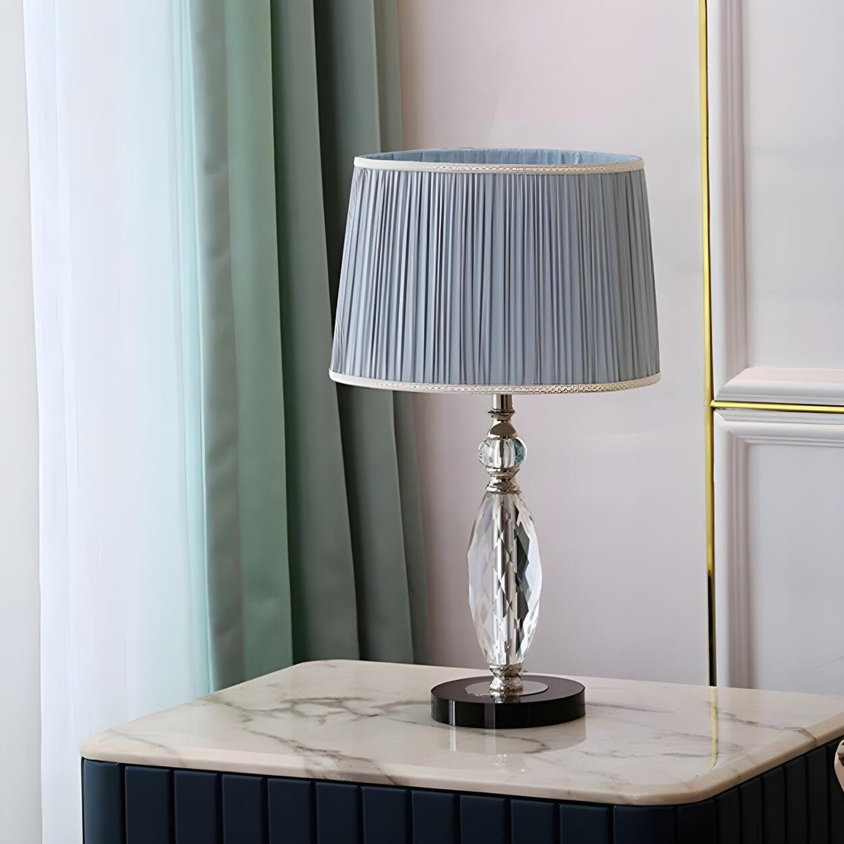 Modern Pleated Fabric Square Shade Crystal Table Lamp Image - 11