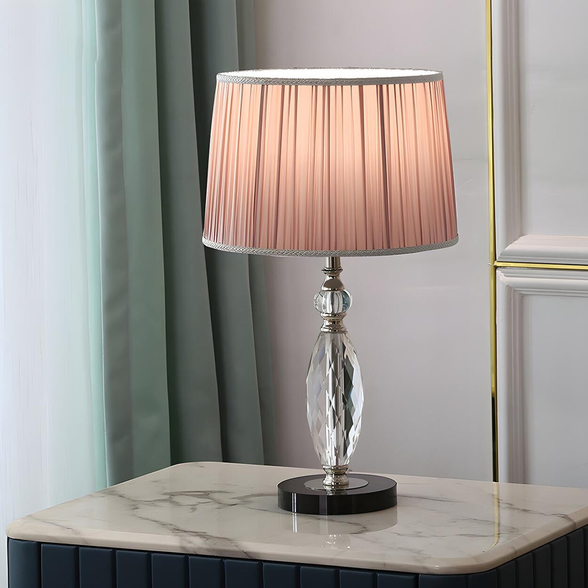 Modern Pleated Fabric Square Shade Crystal Table Lamp Image - 3