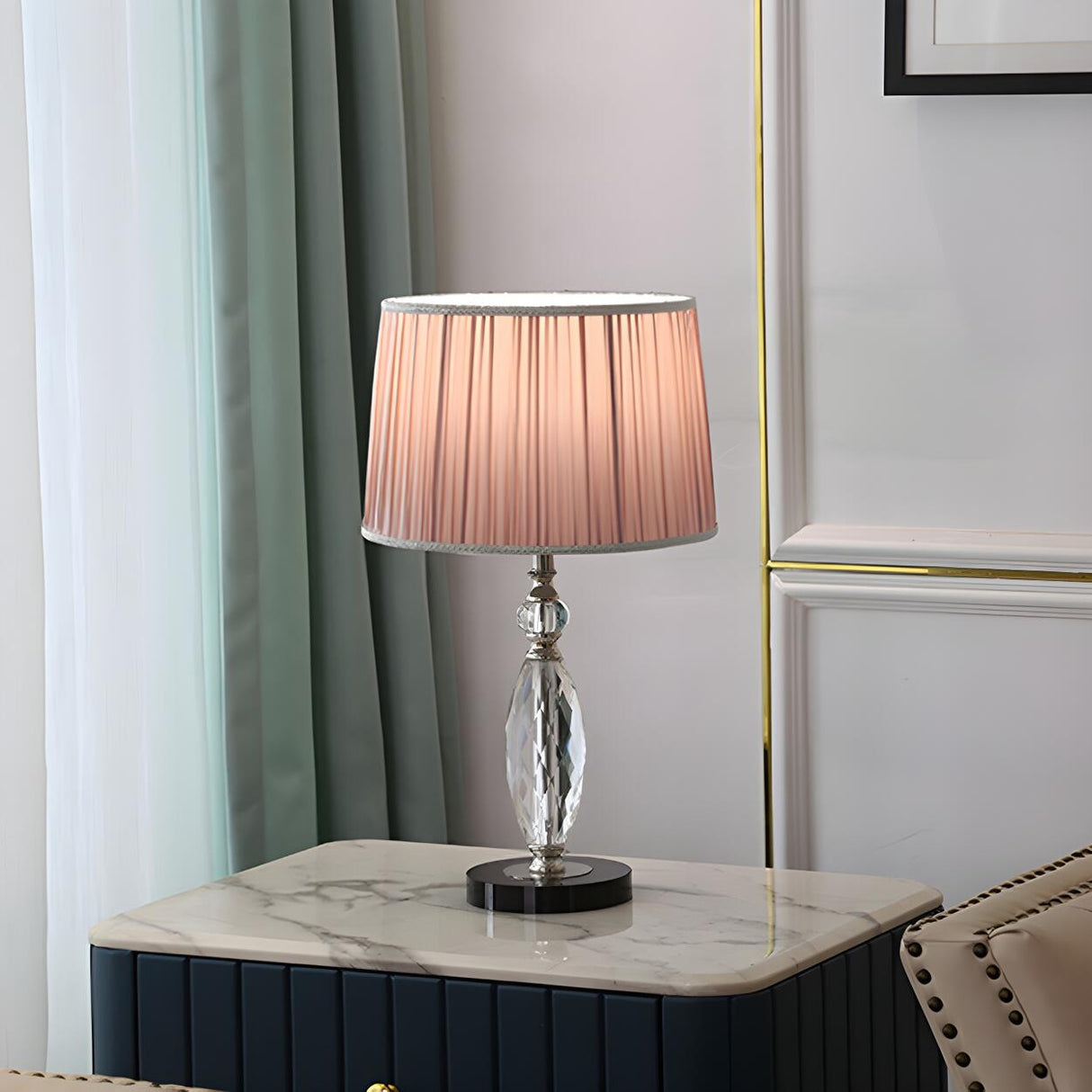 Modern Pleated Fabric Square Shade Crystal Table Lamp Image - 9