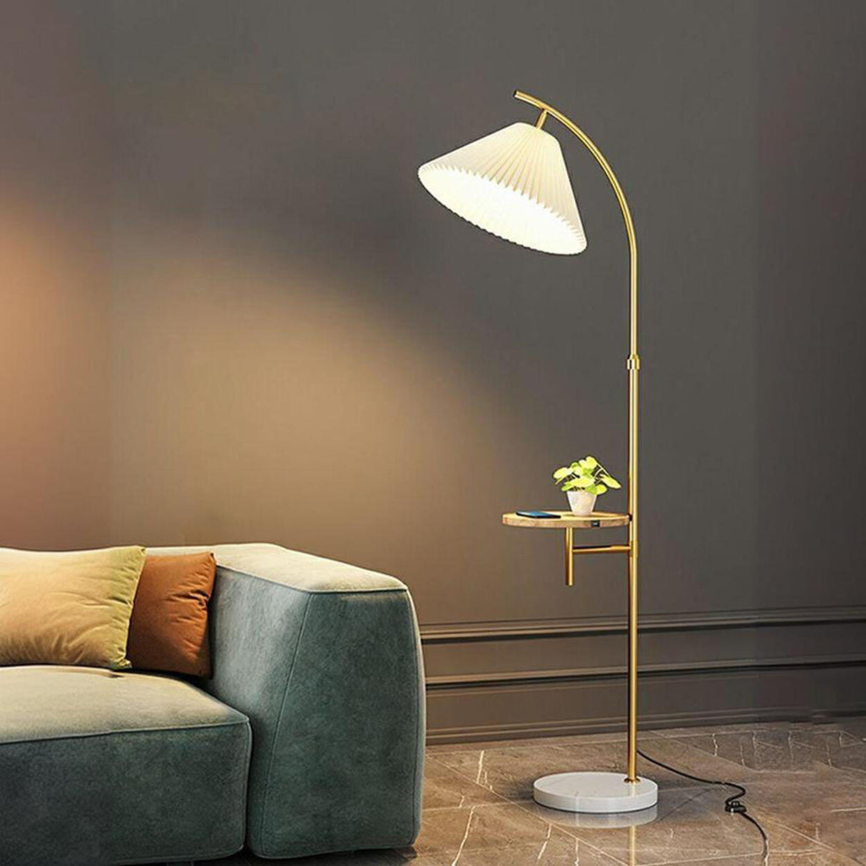 Modern Pleated Marble Base and Side Table Floor Lamp Image - 1