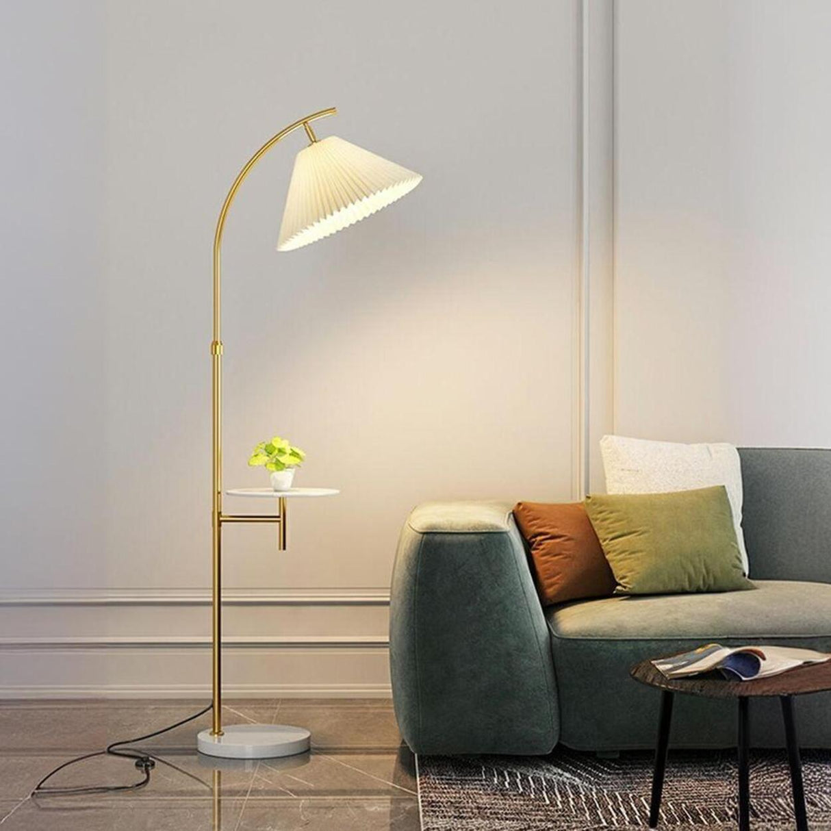 Modern Pleated Marble Base and Side Table Floor Lamp Image - 3