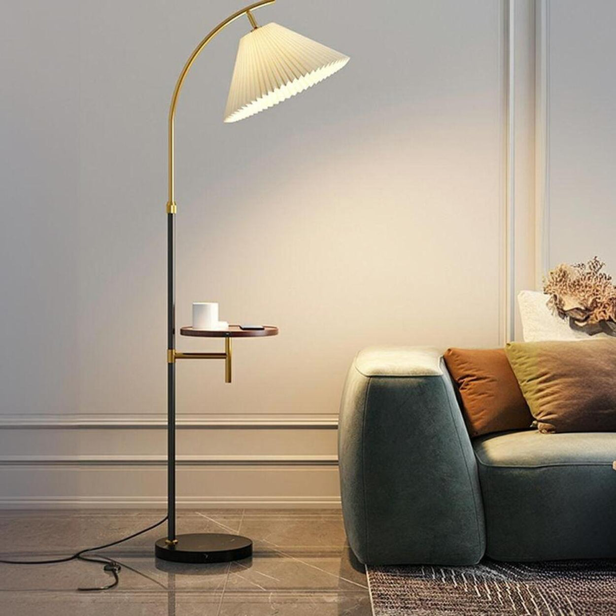 Modern Pleated Marble Base and Side Table Floor Lamp Image - 4