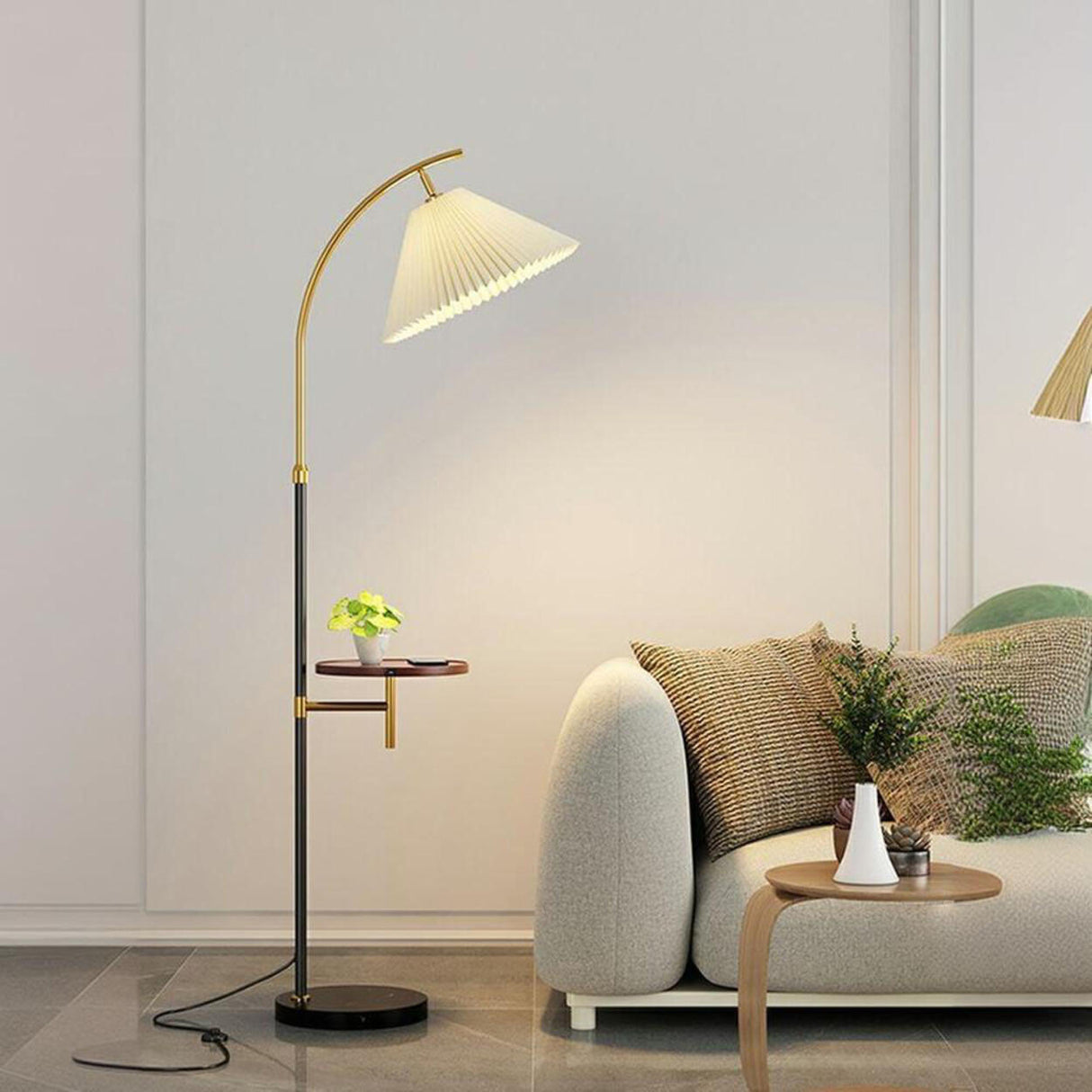 Modern Pleated Marble Base and Side Table Floor Lamp Image - 6