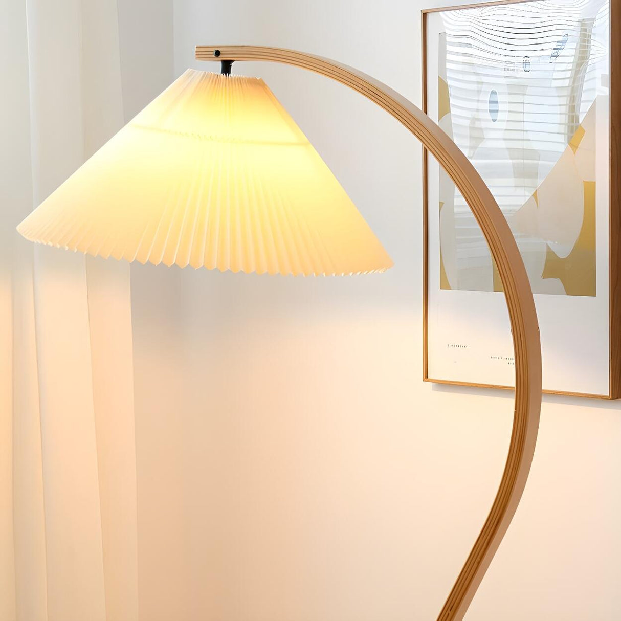 Modern Pleated Shade and Curved Black Floor Lamp Image - 11