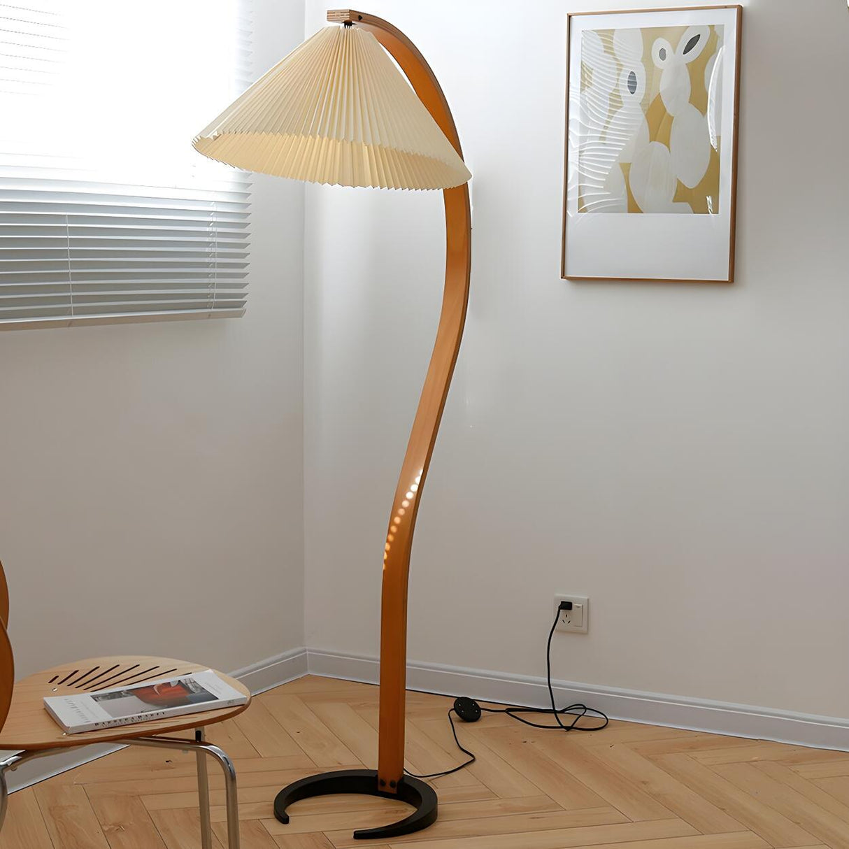 Modern Pleated Shade and Curved Black Floor Lamp Image - 4