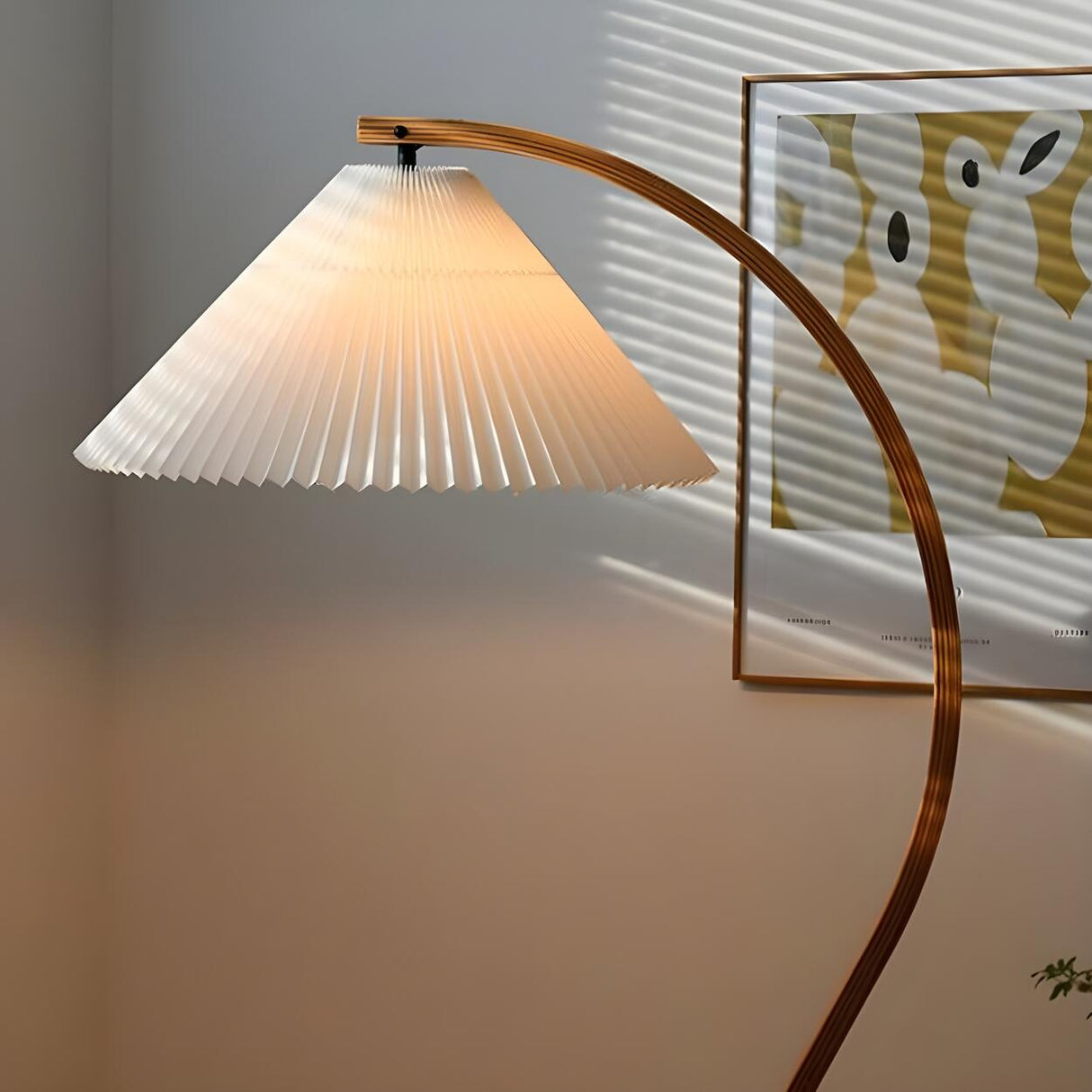 Modern Pleated Shade and Curved Black Floor Lamp Image - 8