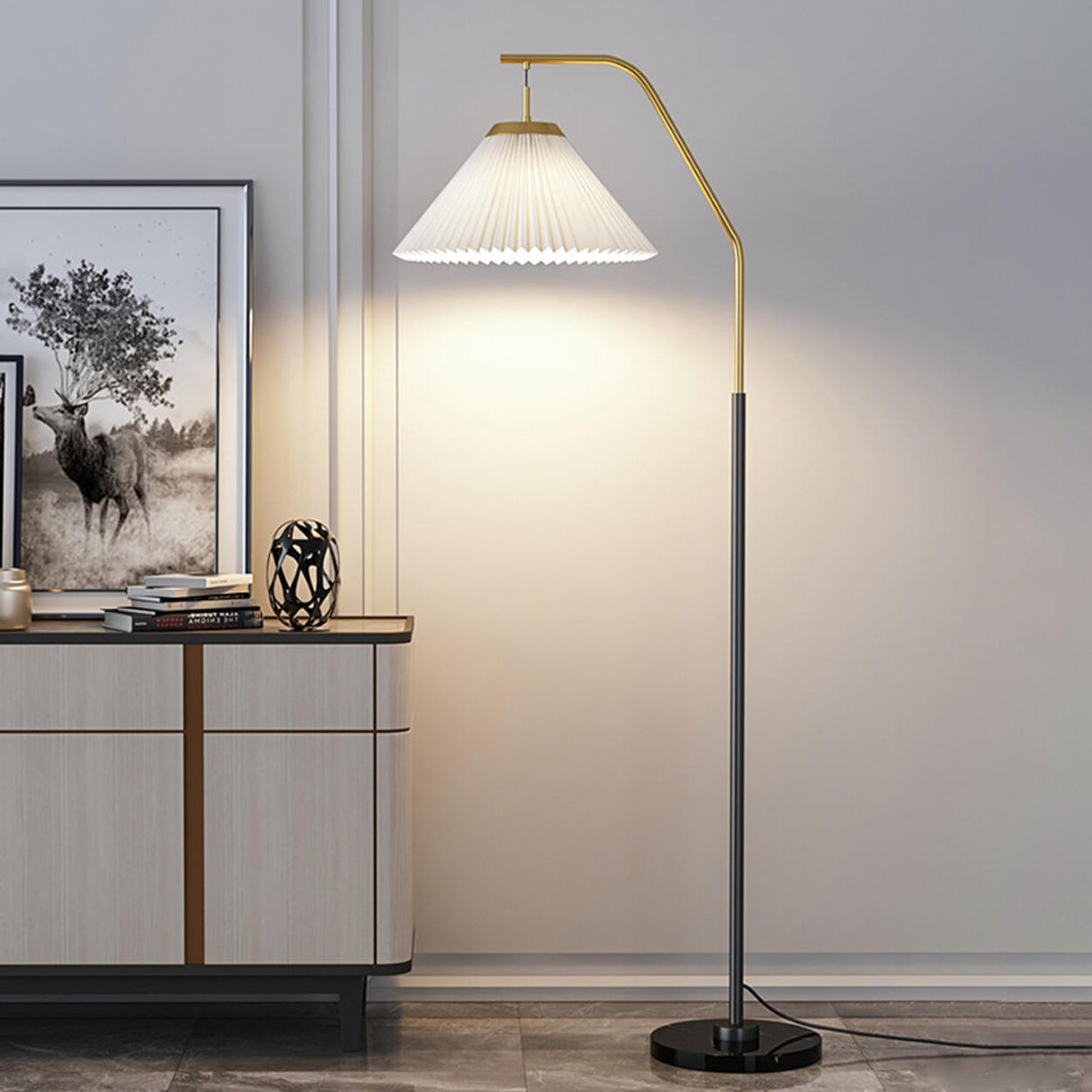 Modern Pleated Shade Black and Gold Metal Floor Lamp Image - 11