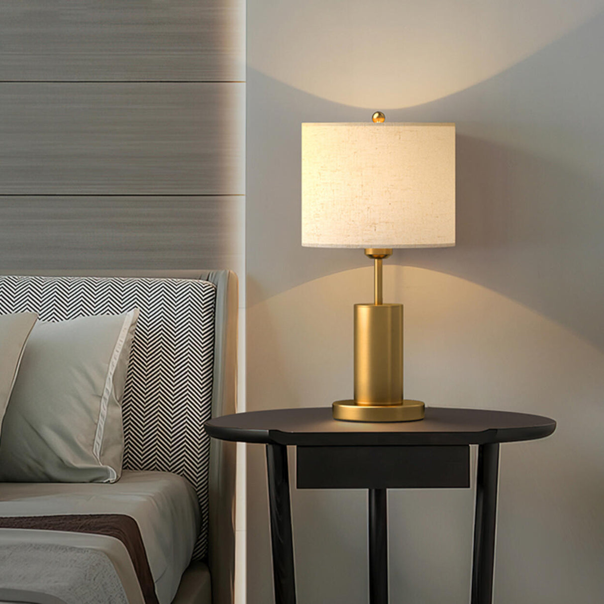 Modern Plug-in Barrel Fabric Shade Metal Table Lamp Image - 12