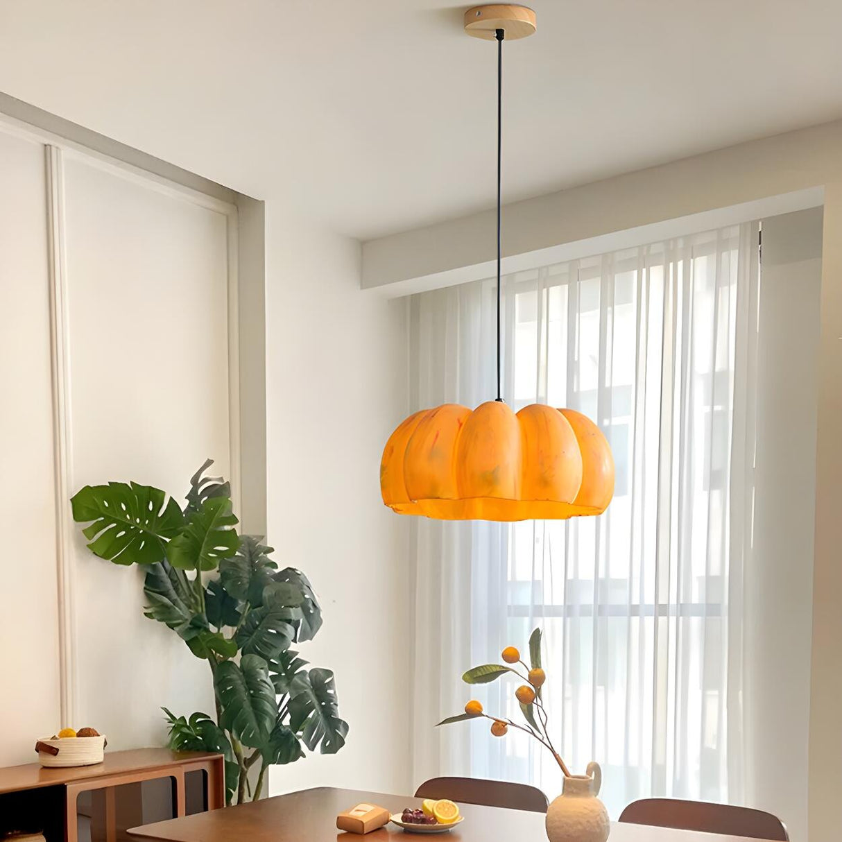 Modern Pumpkin Adjustable Yellow LED Pendant Lamp Image - 7