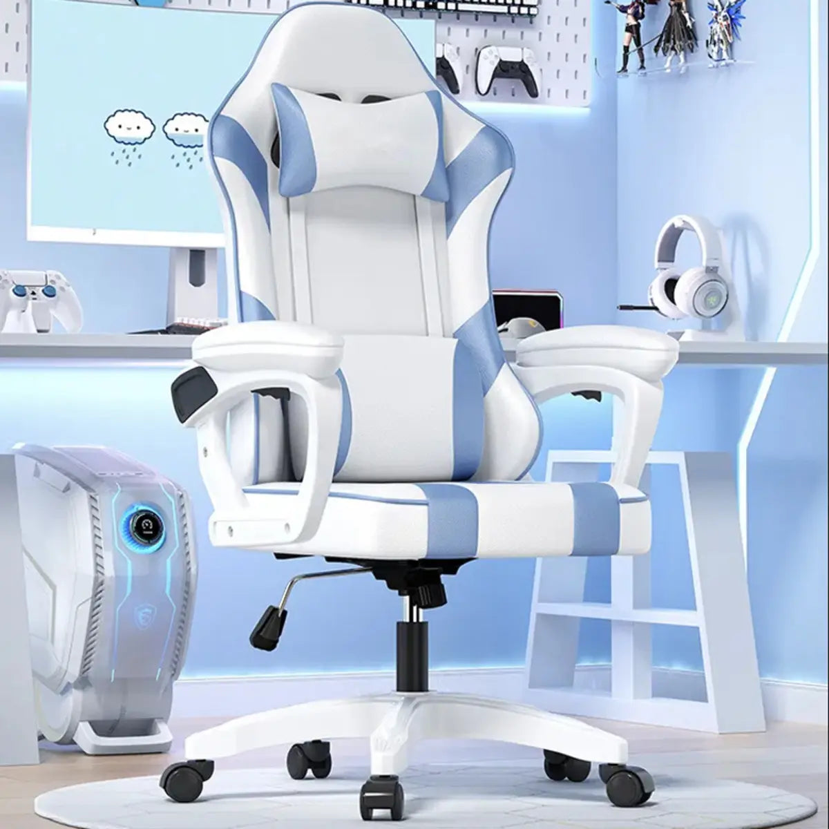 Modern Racing Swivel Leather Blue Ergonomic Chair Office Image - 16