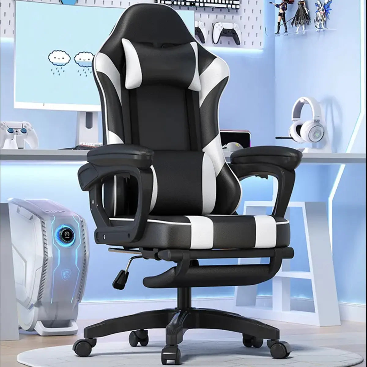 Modern Racing Swivel Leather Blue Ergonomic Chair Office Image - 3