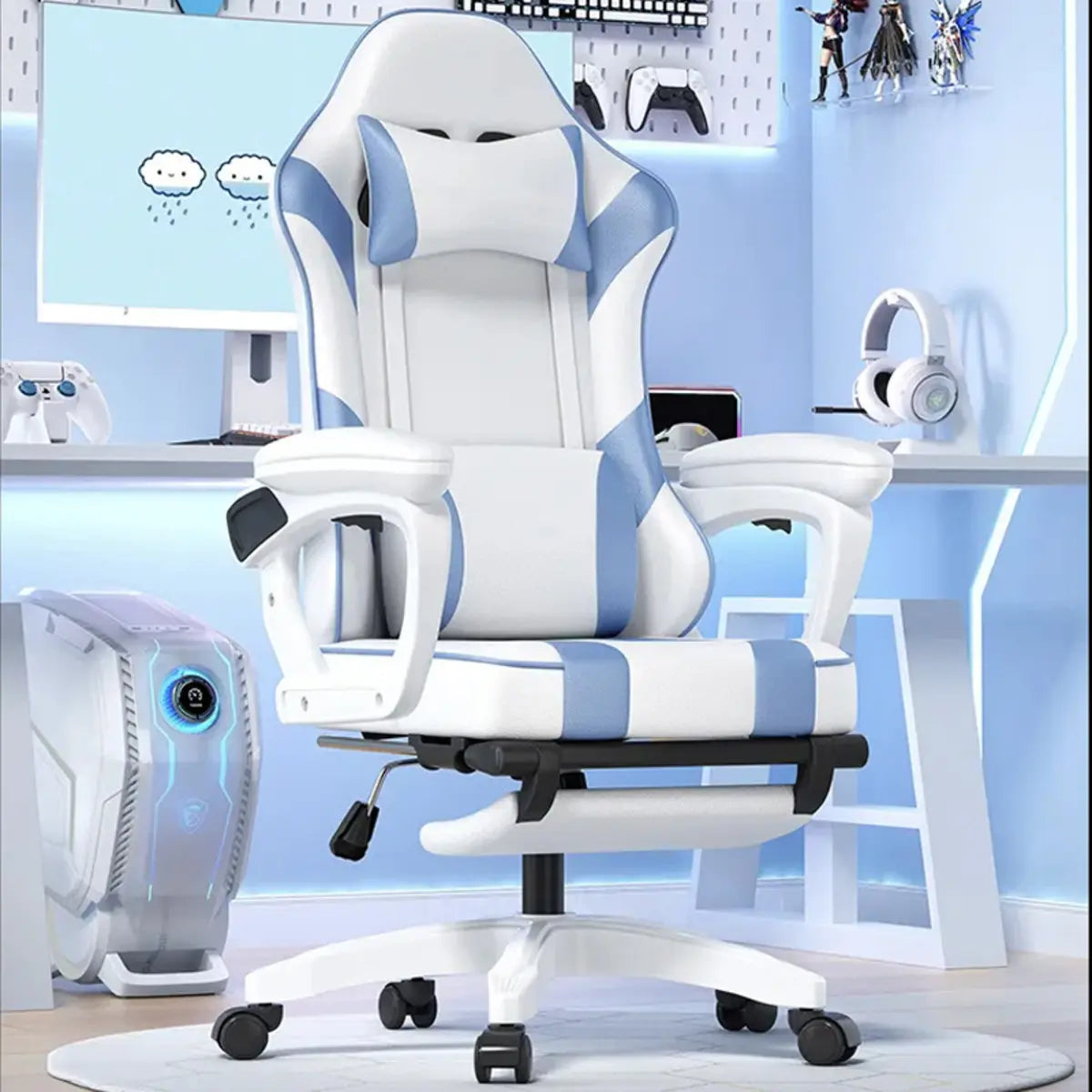 Modern Racing Swivel Leather Blue Ergonomic Chair Office Image - 7