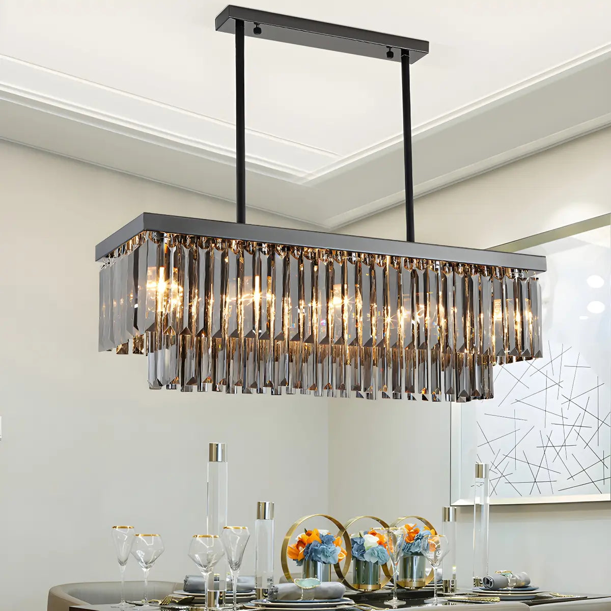 Modern Rectangle Crystal Smoke Gray Island Light Fixture Image - 1