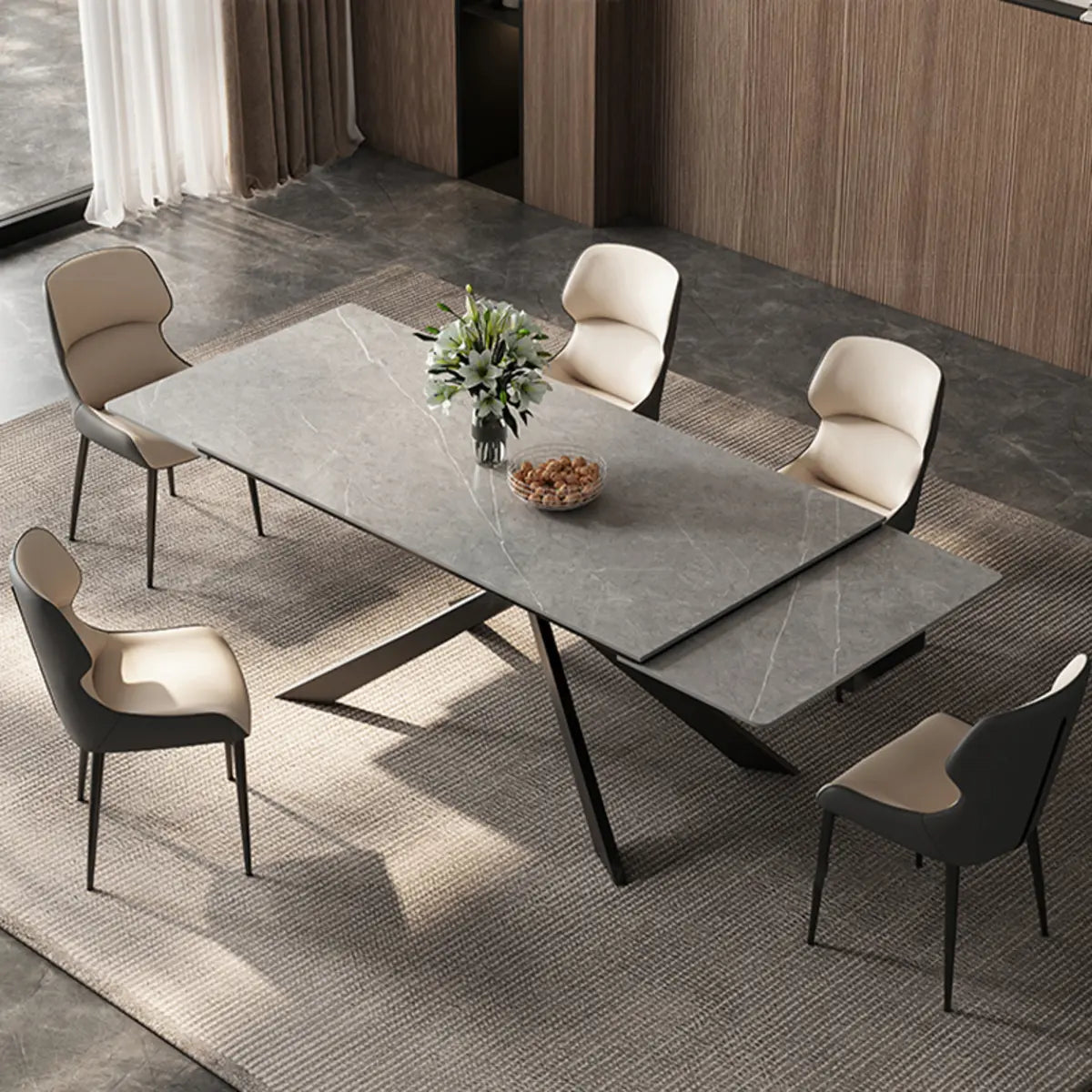 Modern Rectangle Extendable Grey Dining Table Removable Leaf Image - 4