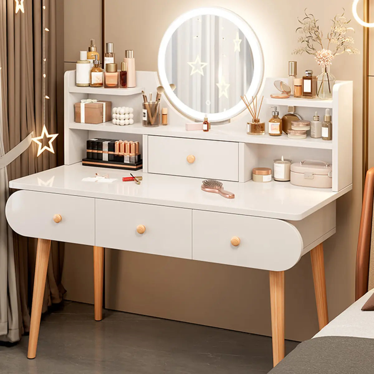 Modern Rectangle Mirror Bedroom White Grey Makeup Vanity Set Image - 10