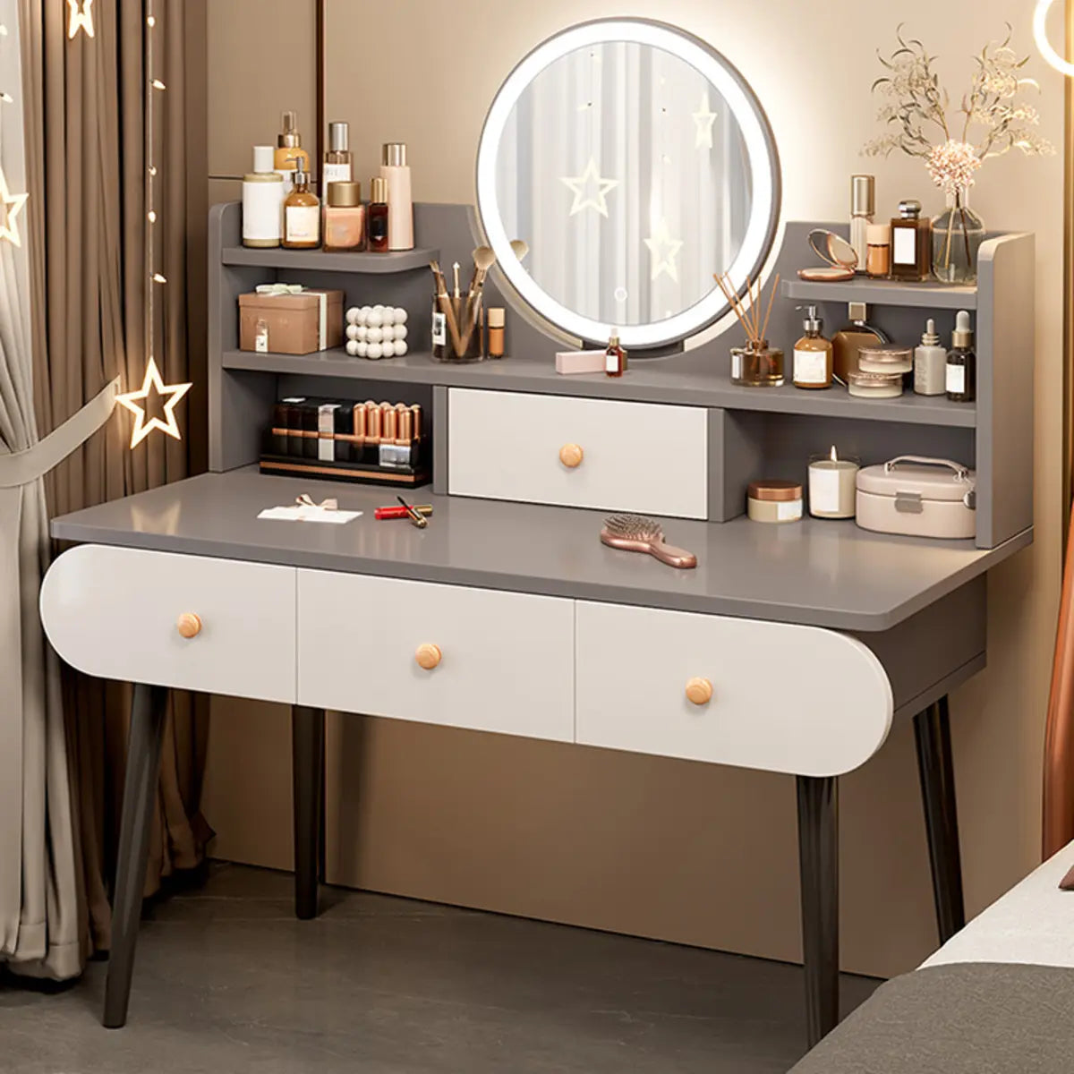 Modern Rectangle Mirror Bedroom White Grey Makeup Vanity Set Image - 12