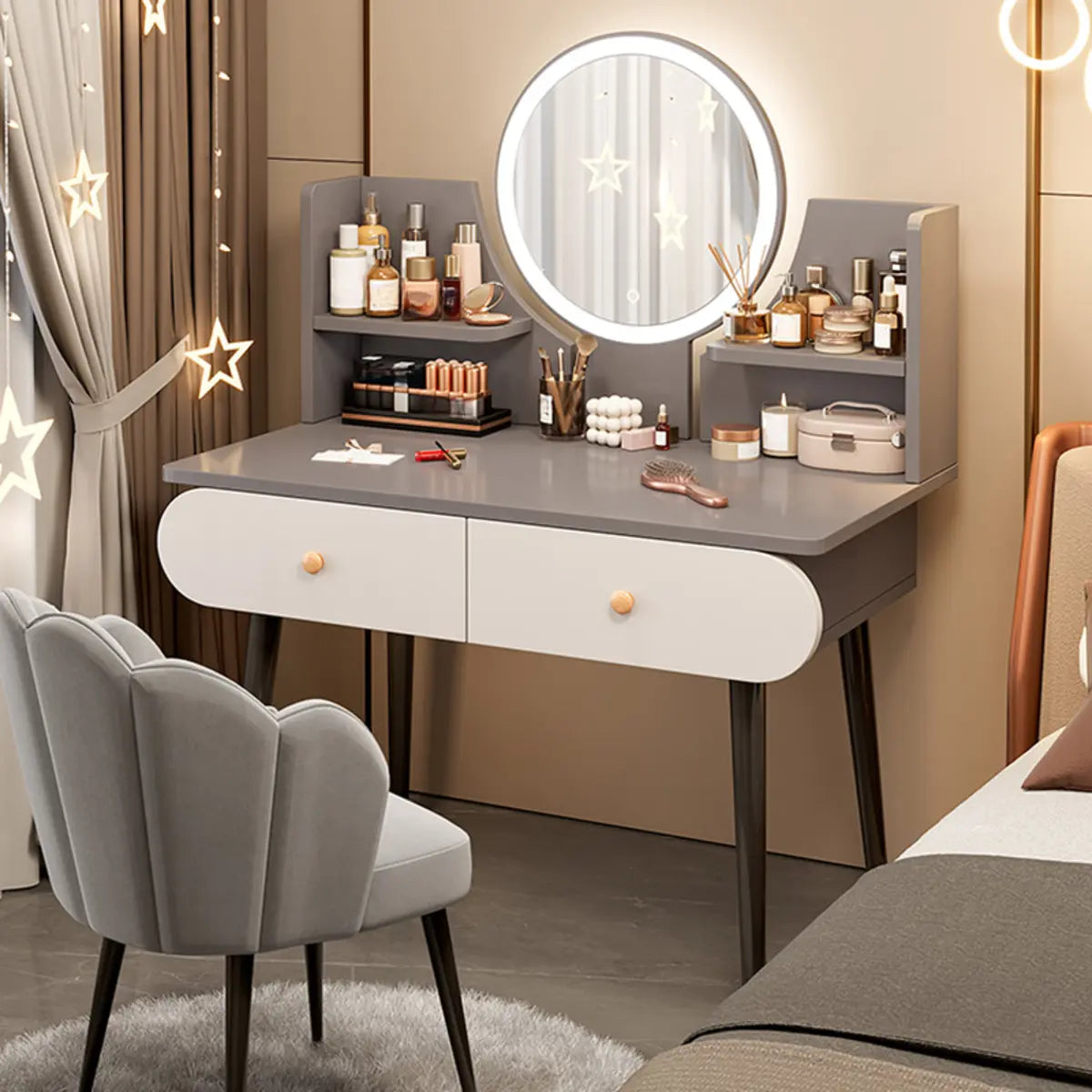 Modern Rectangle Mirror Bedroom White Grey Makeup Vanity Set Image - 16