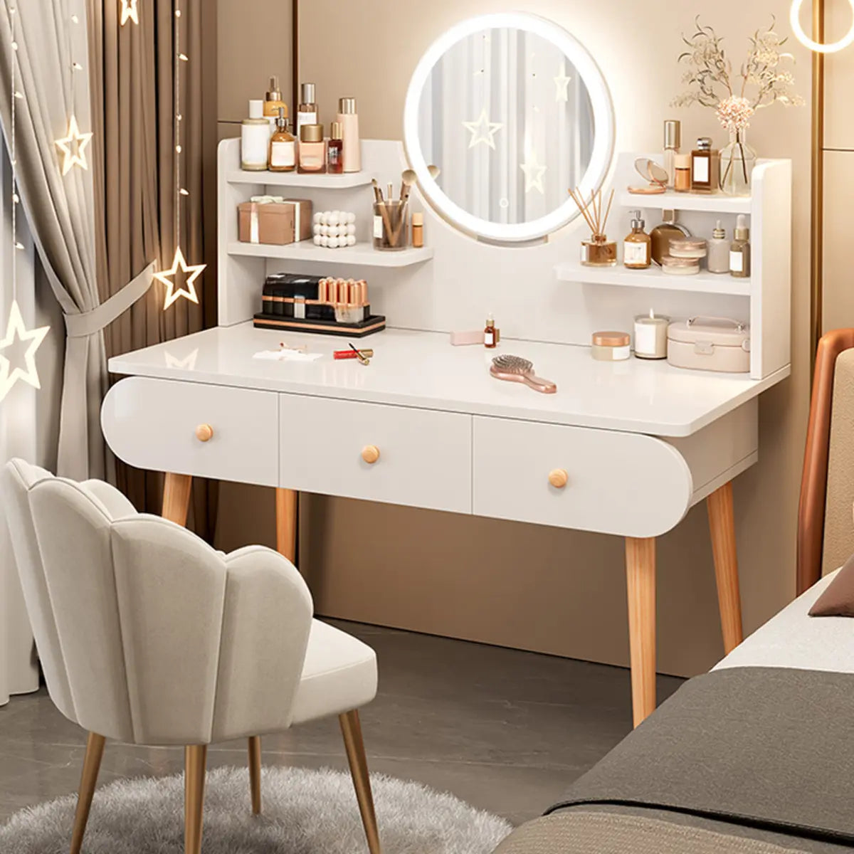 Modern Rectangle Mirror Bedroom White Grey Makeup Vanity Set Image - 17