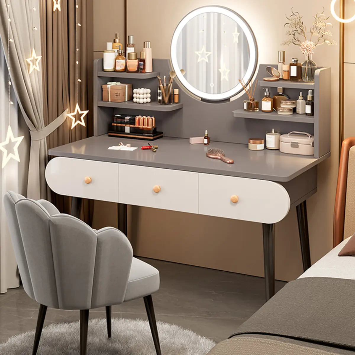 Modern Rectangle Mirror Bedroom White Grey Makeup Vanity Set Image - 18