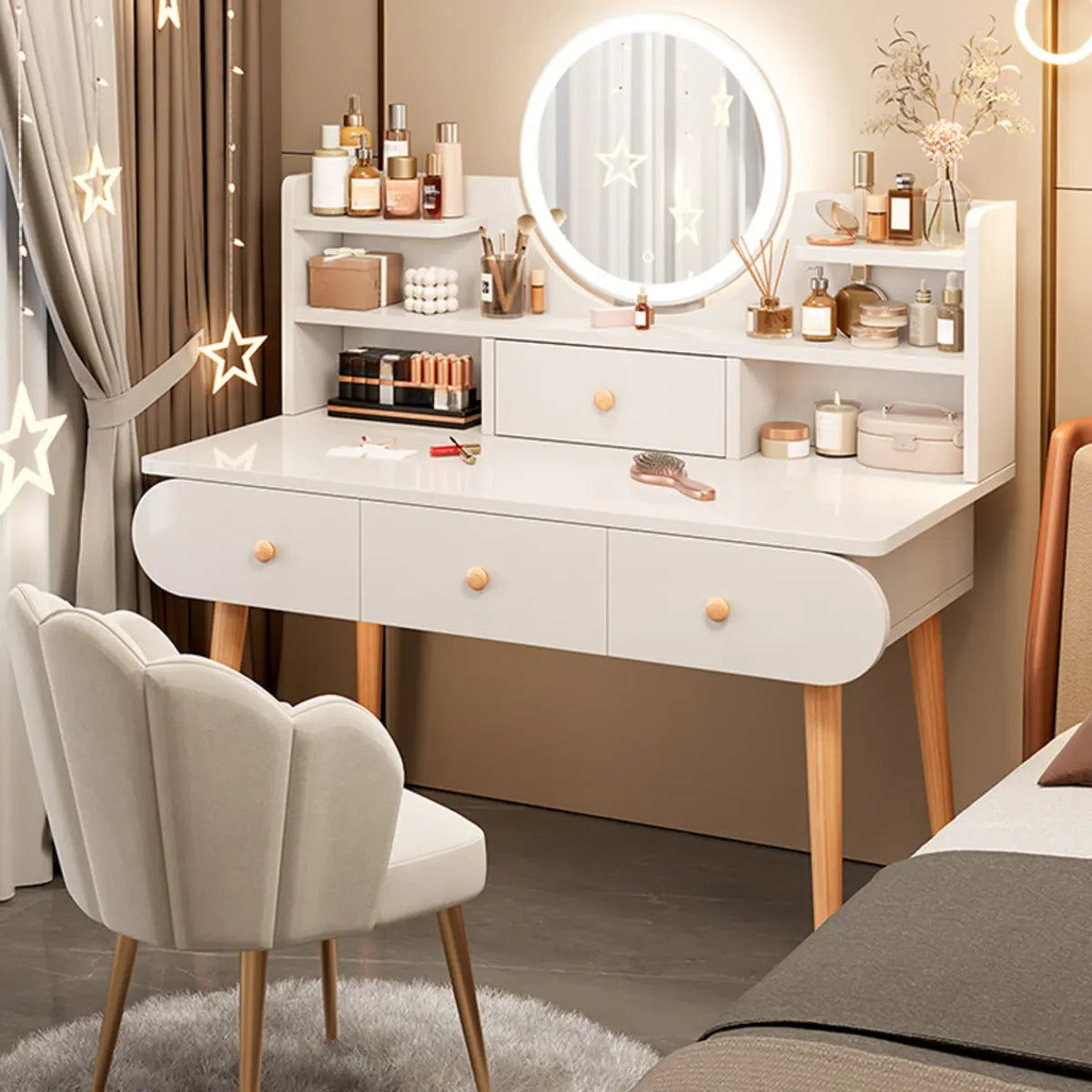 Modern Rectangle Mirror Bedroom White Grey Makeup Vanity Set Image - 19