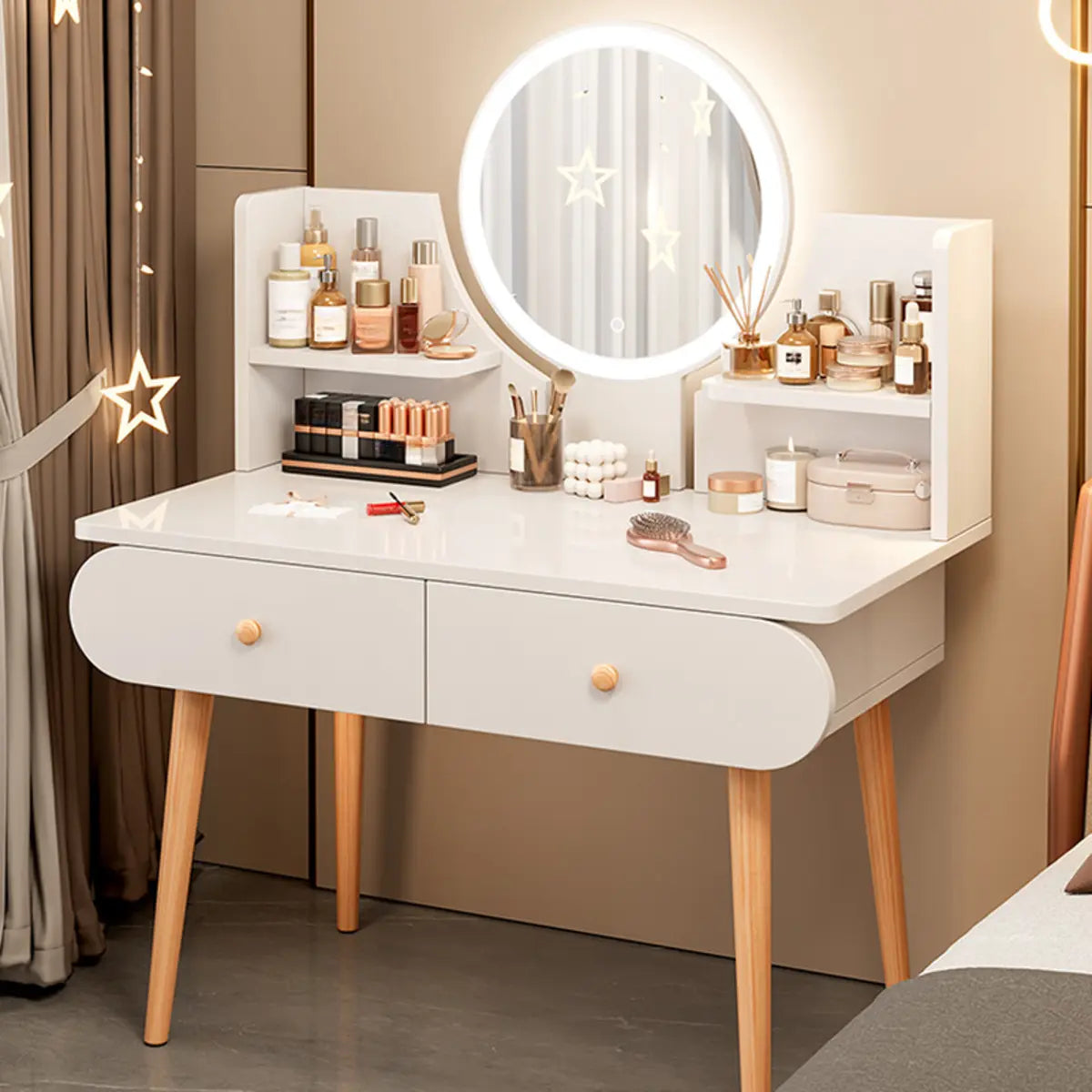 Modern Rectangle Mirror Bedroom White Grey Makeup Vanity Set Image - 2