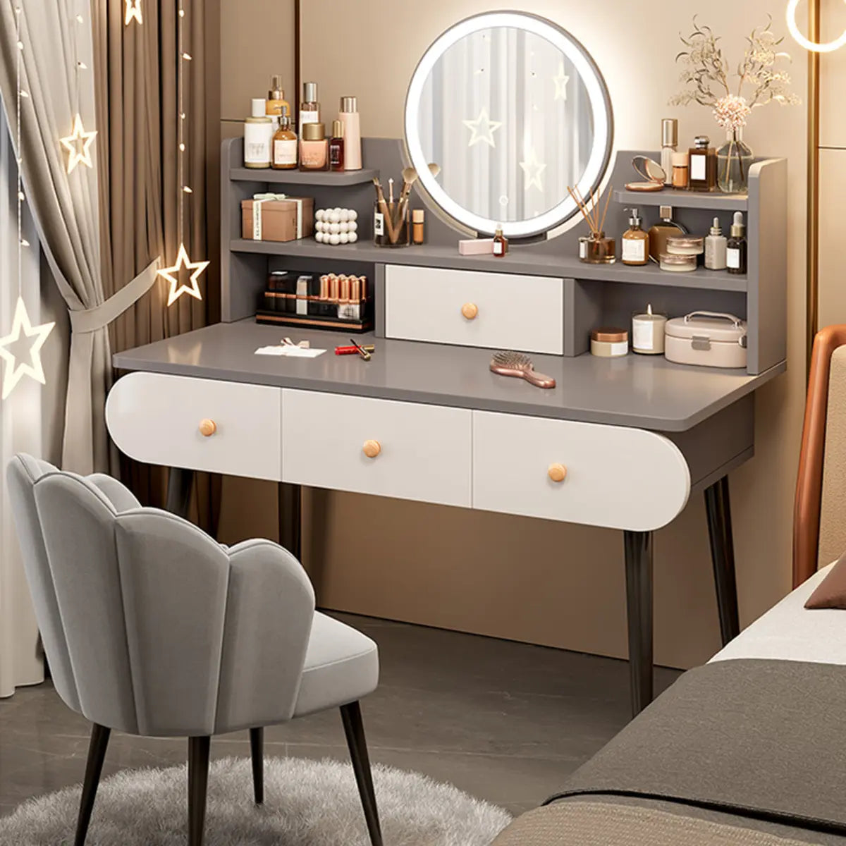 Modern Rectangle Mirror Bedroom White Grey Makeup Vanity Set Image - 20