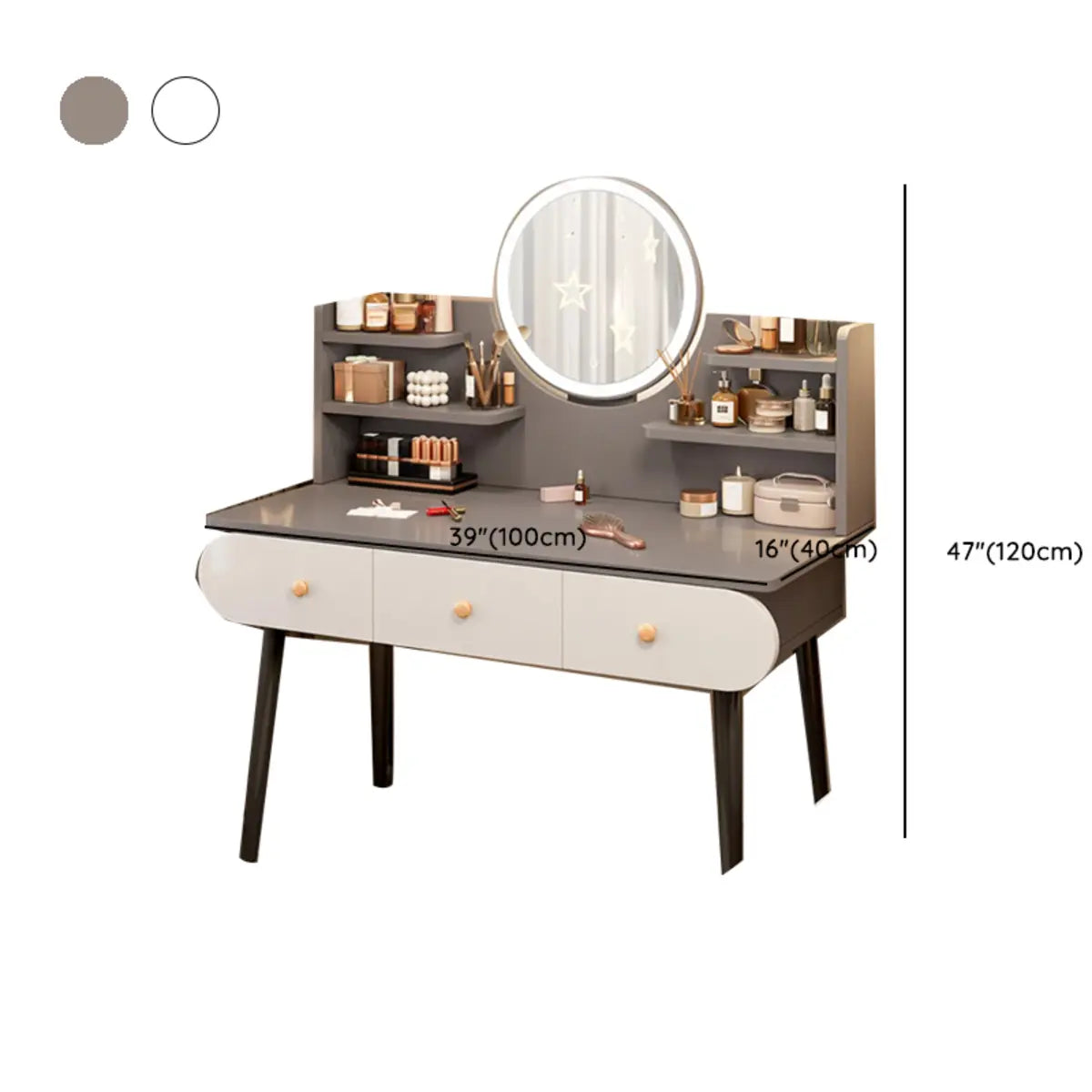 Modern Rectangle Mirror Bedroom White Grey Makeup Vanity Set Image - 23