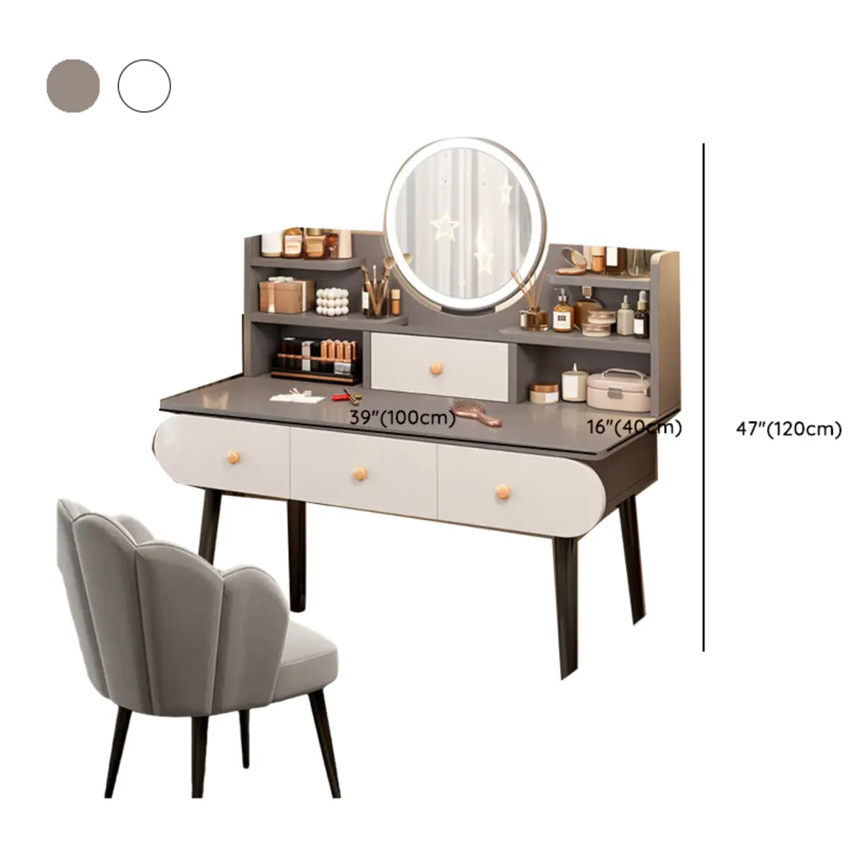 Modern Rectangle Mirror Bedroom White Grey Makeup Vanity Set Image - 26