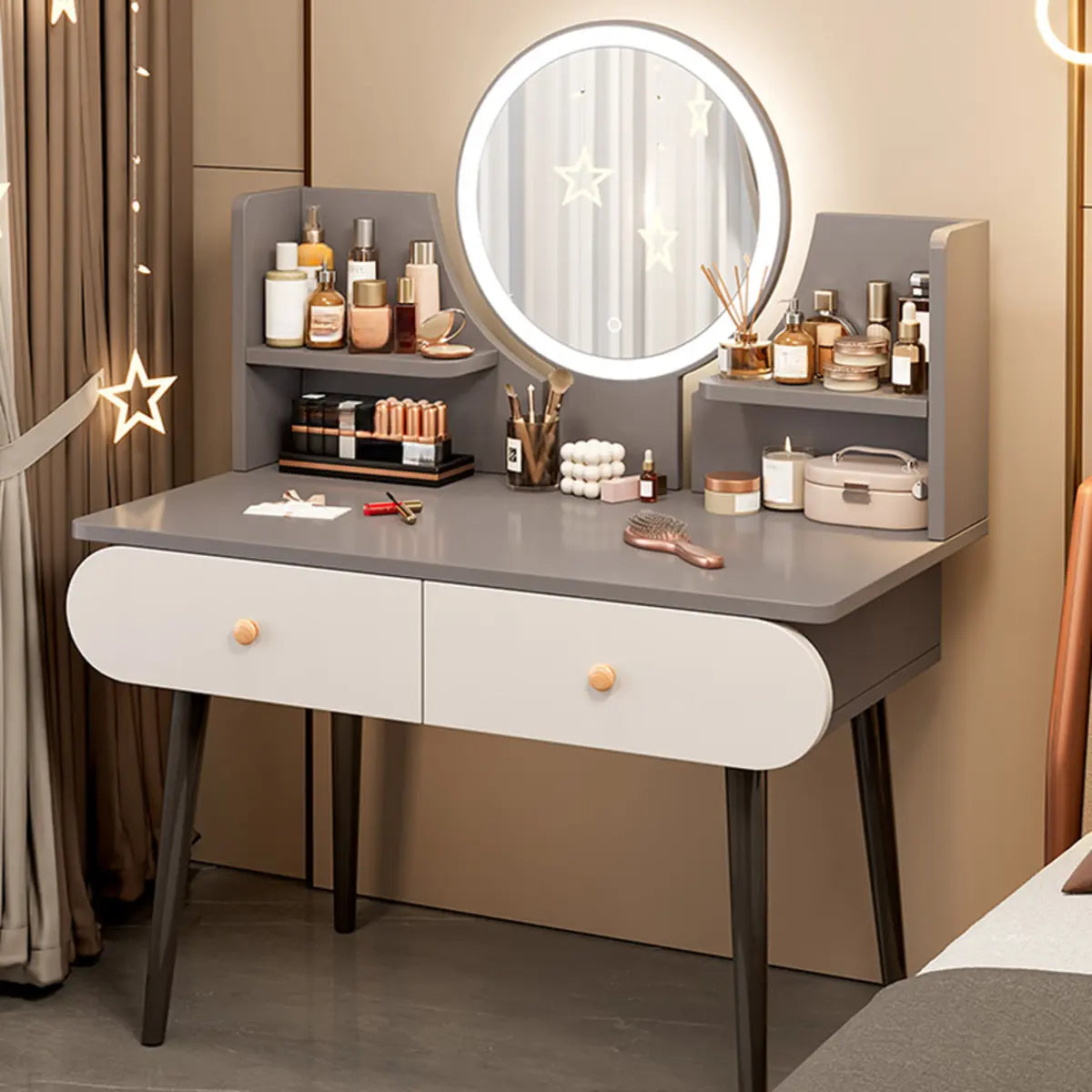 Modern Rectangle Mirror Bedroom White Grey Makeup Vanity Set Image - 4