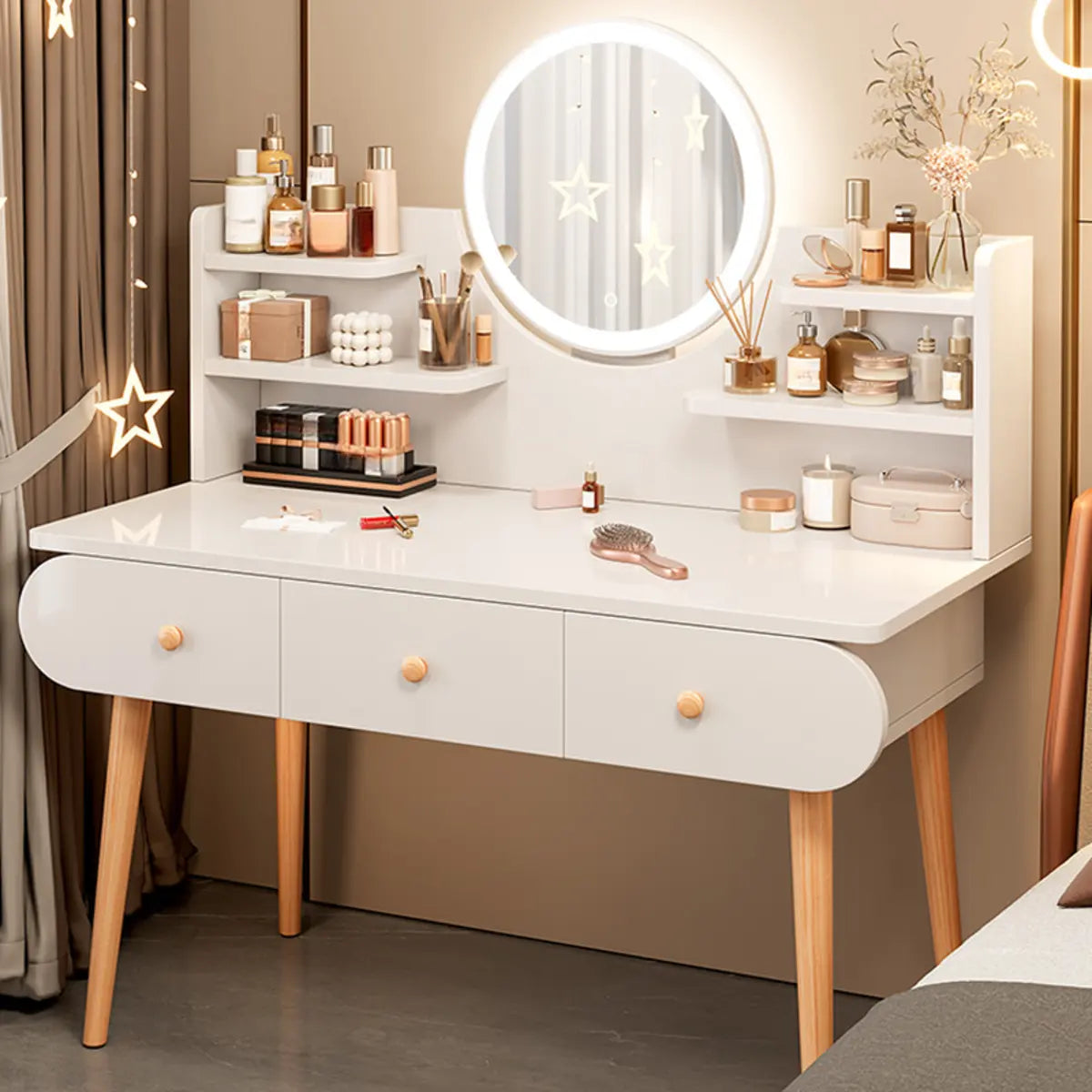 Modern Rectangle Mirror Bedroom White Grey Makeup Vanity Set Image - 6